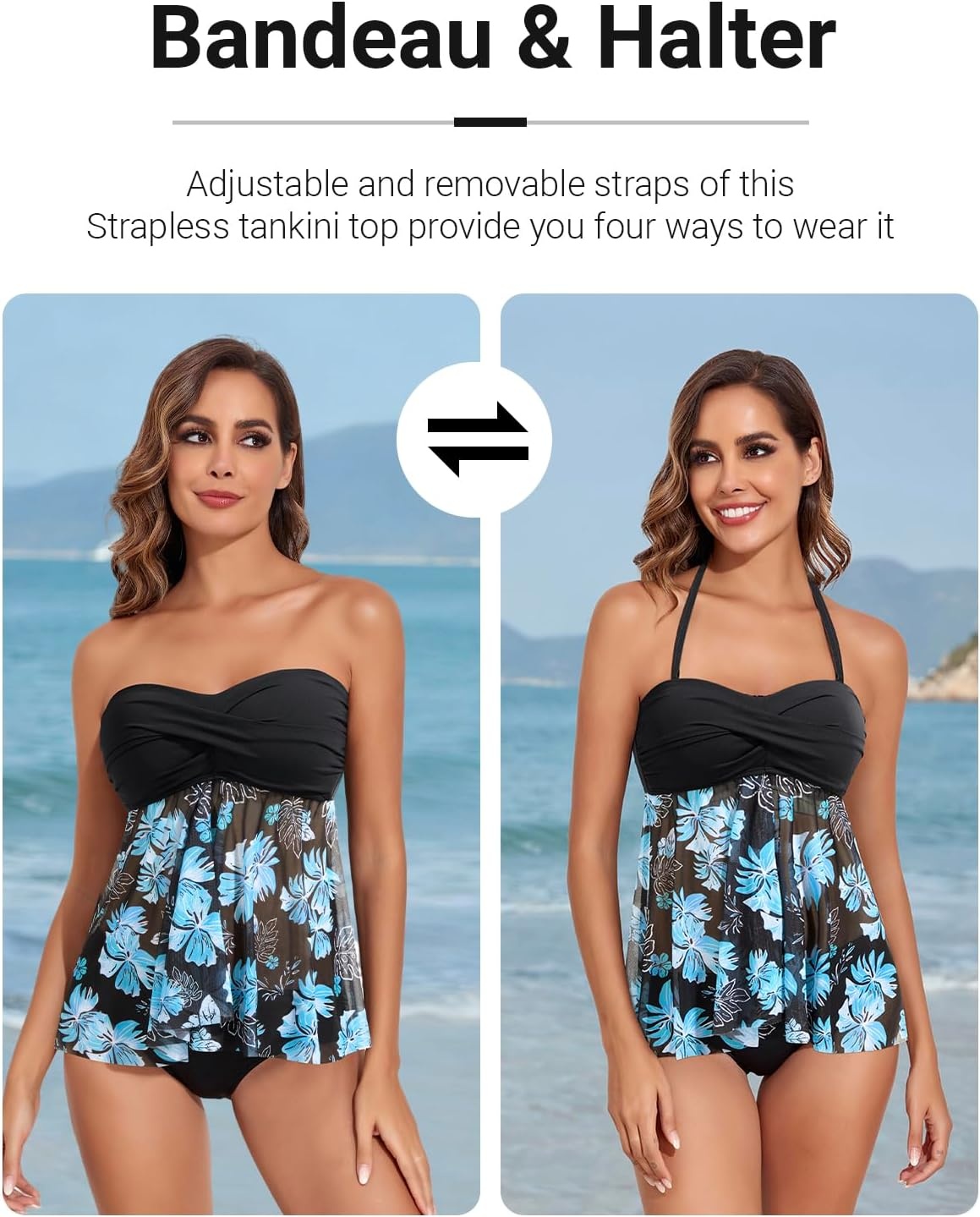 Talisea Women Bandeau Tankini Top Only Mesh Strapless Swimsuits Top Halter Flyaway Bathing Suits No Bottom(Black Blue Flower)