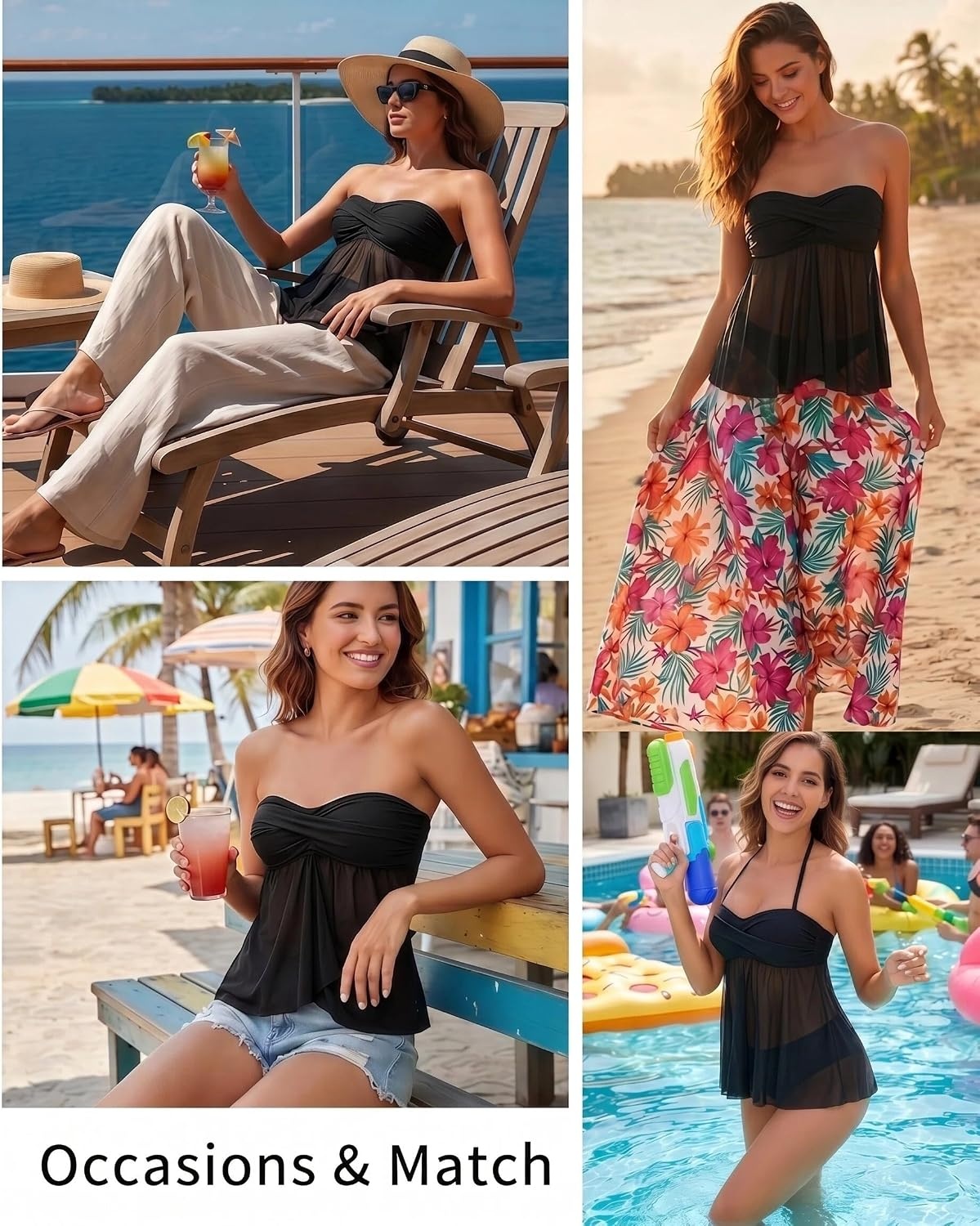 Talisea Women Bandeau Tankini Top Only Mesh Strapless Swimsuits Top Halter Flyaway Bathing Suits No Bottom(Black Blue Flower)