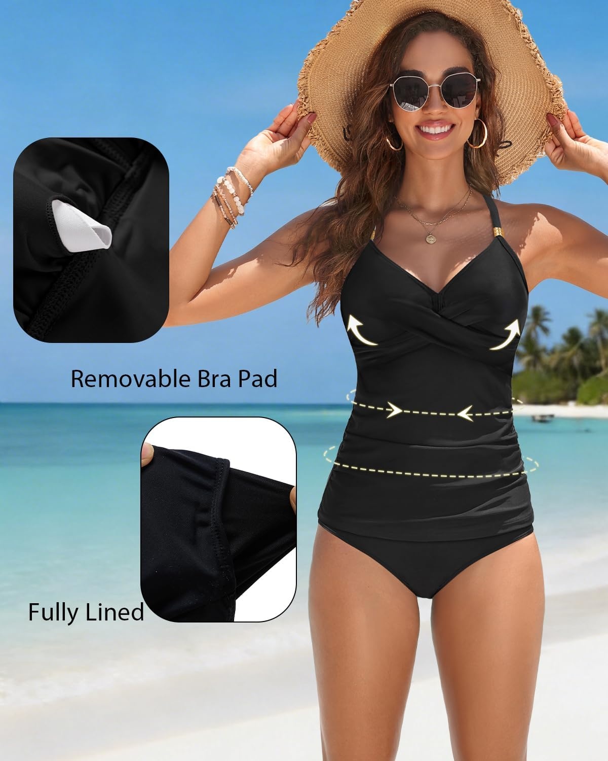 Women’s Tankini Swimsuits – Two Piece Swimsuit Tummy Control Bathing Suit 2025 Twist V Neck Swimwear(Black)