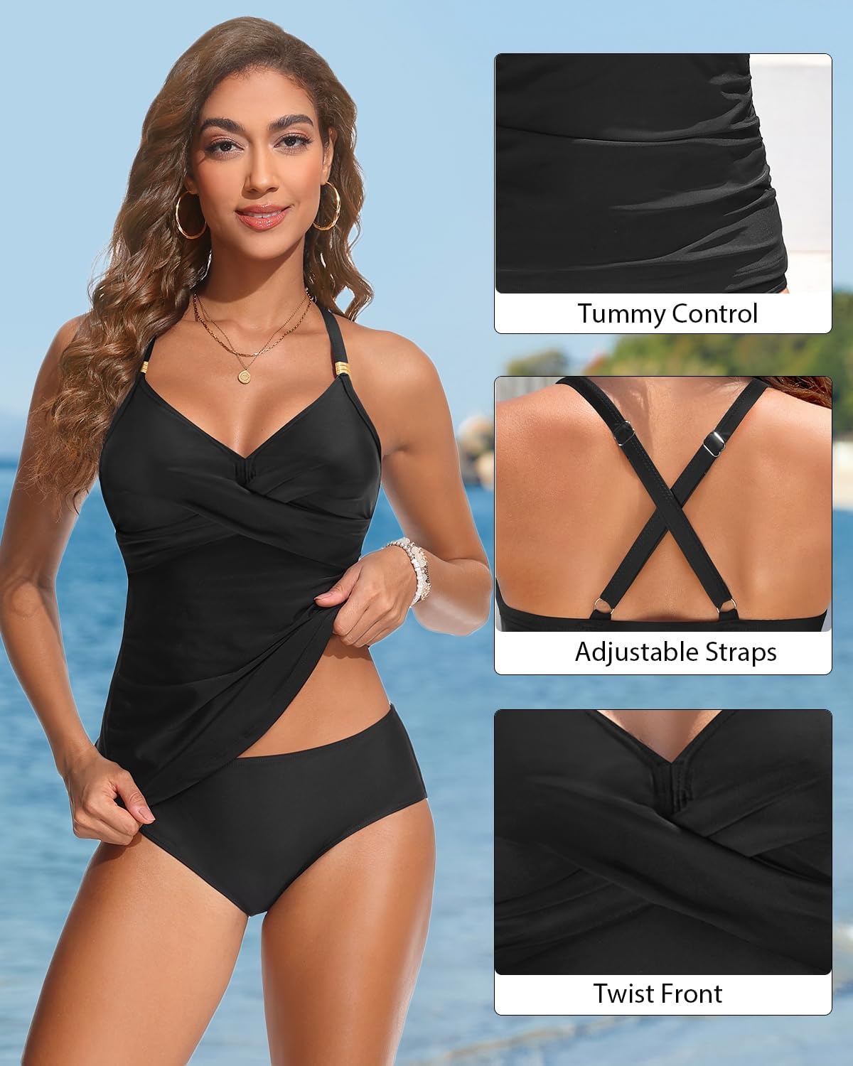 Women’s Tankini Swimsuits – Two Piece Swimsuit Tummy Control Bathing Suit 2025 Twist V Neck Swimwear(Black)