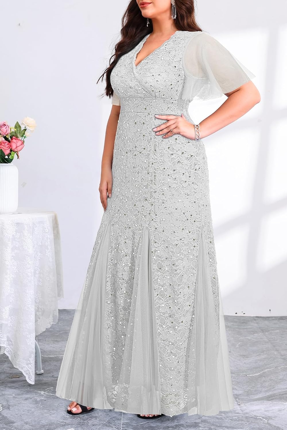 Plus Size Formal Dress Sequin Lace Mermaid Wedding Guest Maxi Gown | V-Neck with Lace Trim, Sheer Flutter Sleeves, High Waist & Tulle Mermaid Hem Gown for Formal Evening, Wedding Guest & Party(Grey)