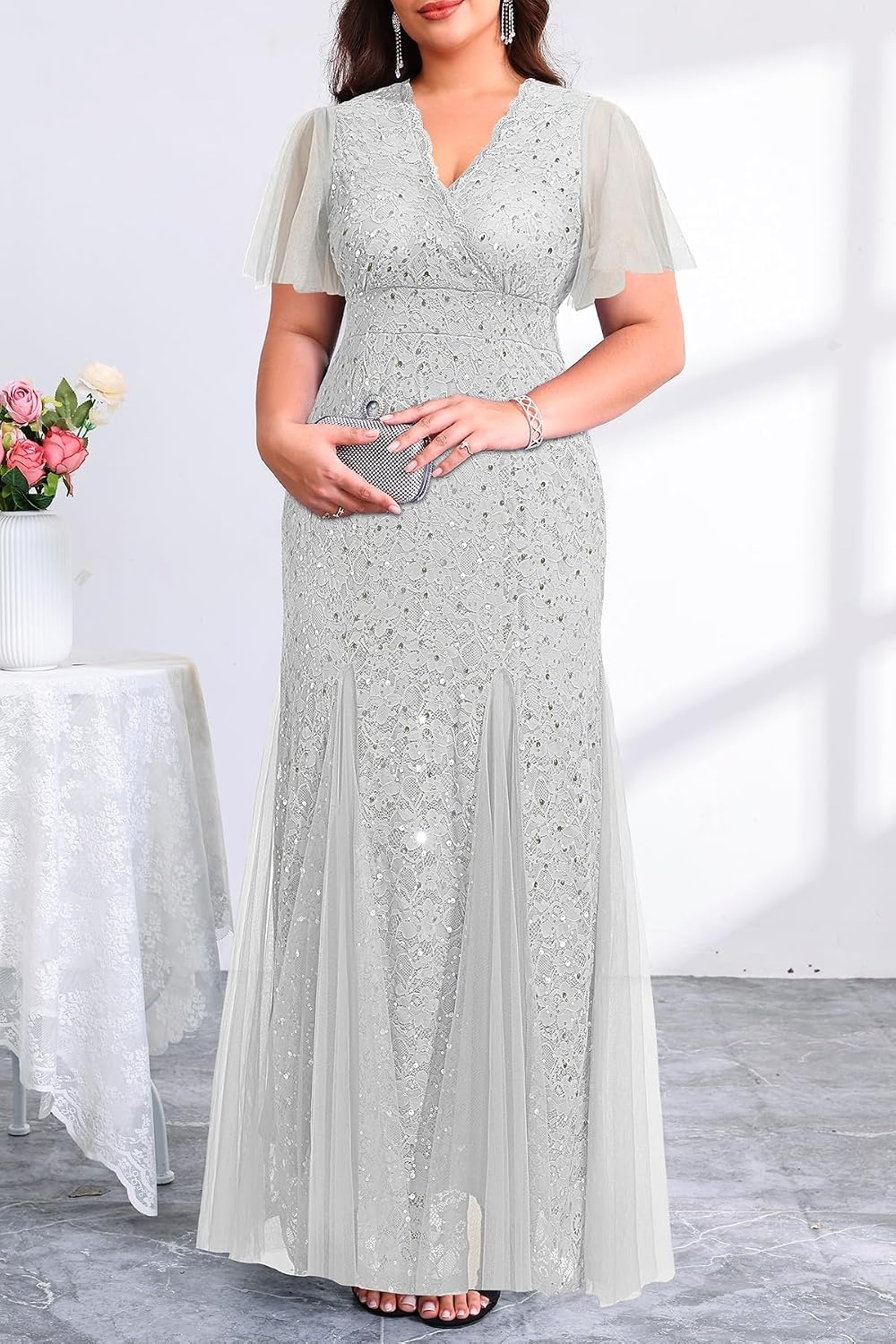 Plus Size Formal Dress Sequin Lace Mermaid Wedding Guest Maxi Gown | V-Neck with Lace Trim, Sheer Flutter Sleeves, High Waist & Tulle Mermaid Hem Gown for Formal Evening, Wedding Guest & Party(Grey)