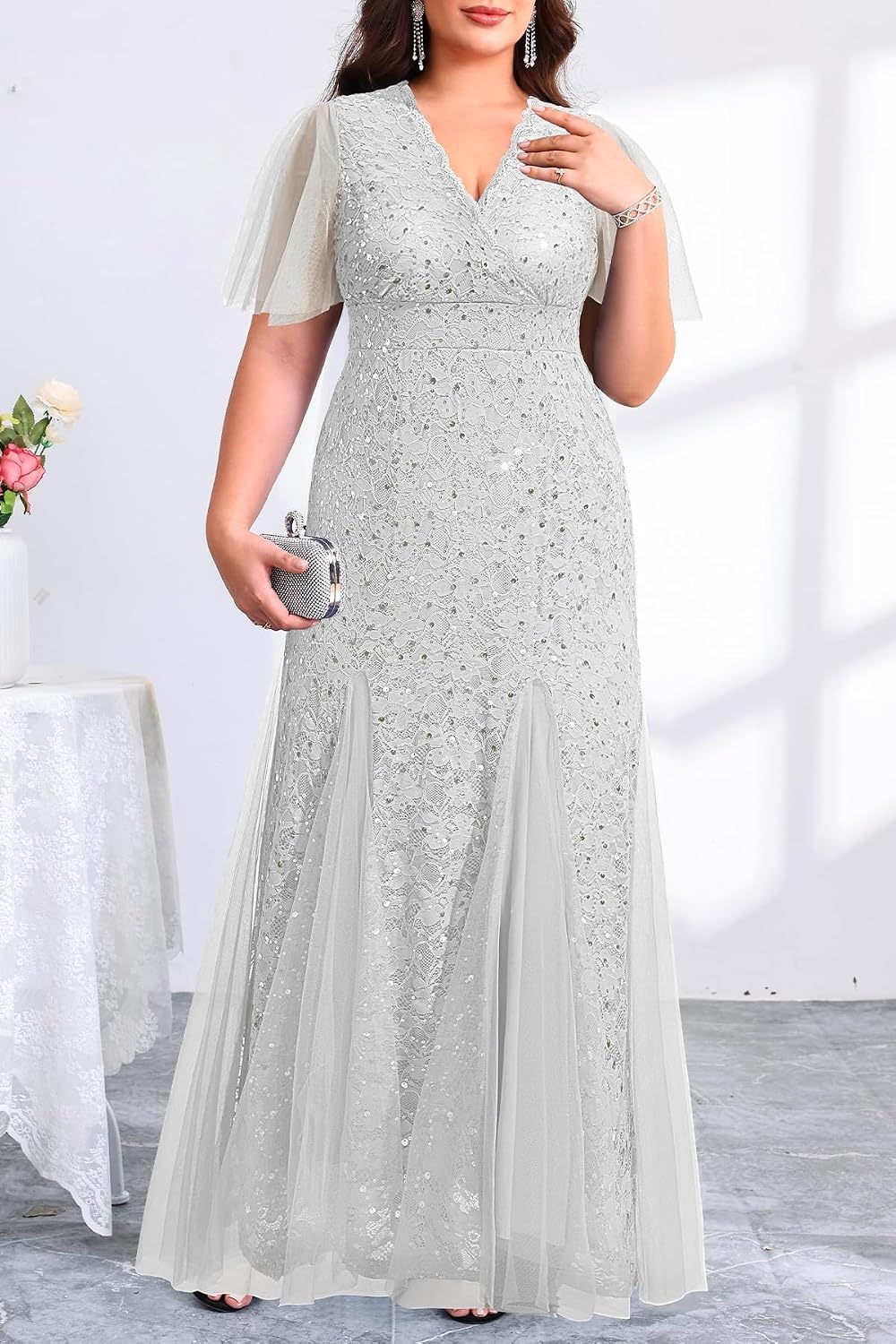Plus Size Formal Dress Sequin Lace Mermaid Wedding Guest Maxi Gown | V-Neck with Lace Trim, Sheer Flutter Sleeves, High Waist & Tulle Mermaid Hem Gown for Formal Evening, Wedding Guest & Party(Grey)