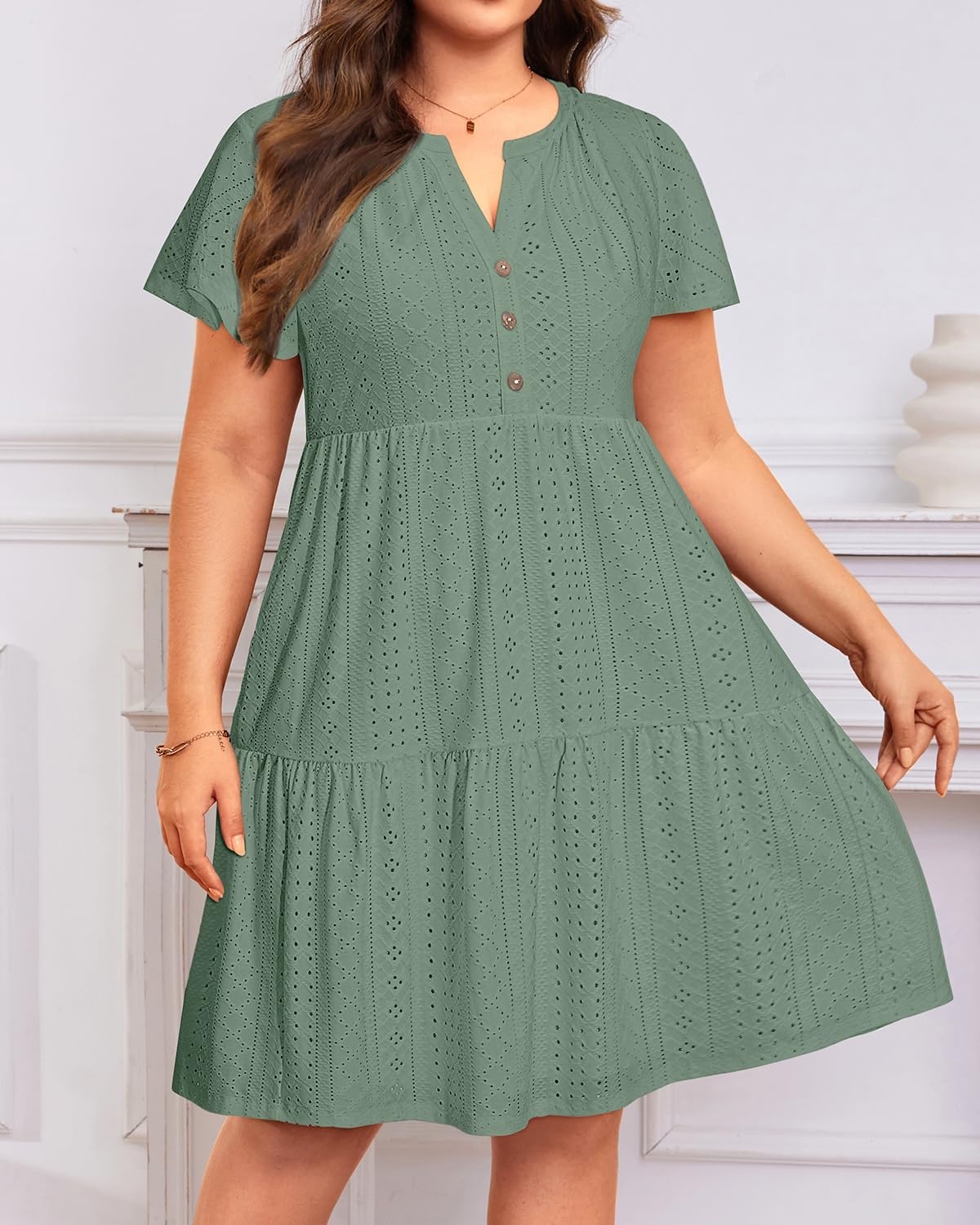 Plus Size Summer Dress Casual Short Sleeve Button Midi Sun Dresses Women(Gray Green Eyelet)