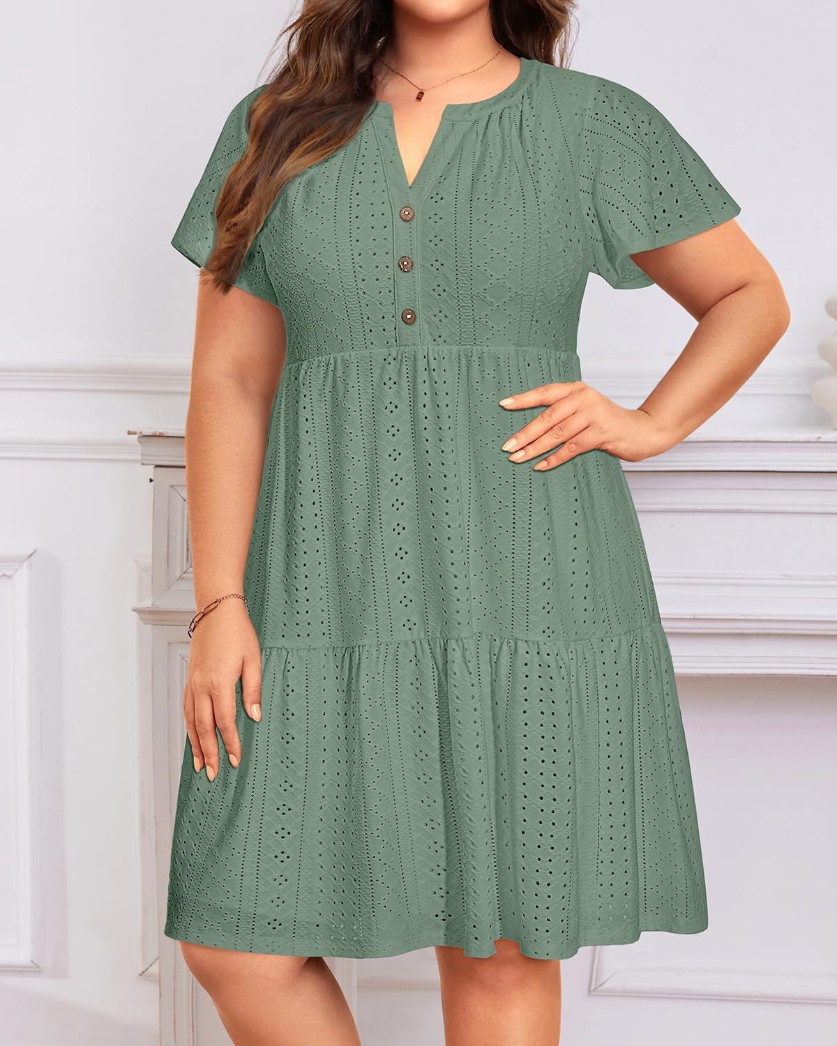 Plus Size Summer Dress Casual Short Sleeve Button Midi Sun Dresses Women(Gray Green Eyelet)