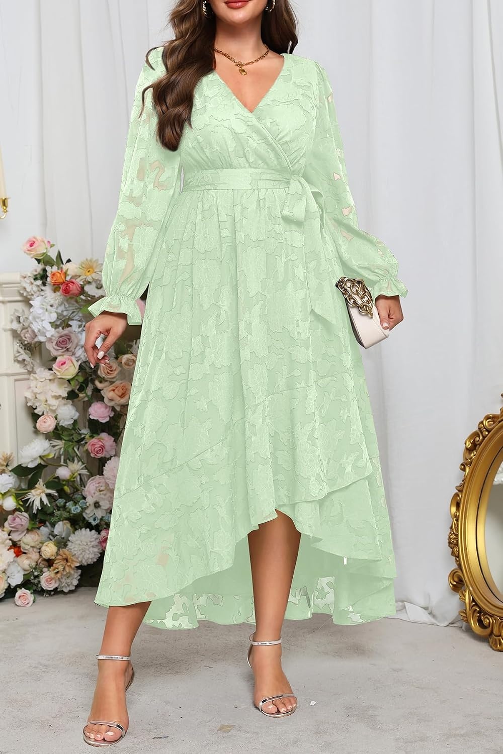 Plus Size Dresses Wedding Guest Fall Floral Long Sleeve Maxi Dress Women(Sage Green)