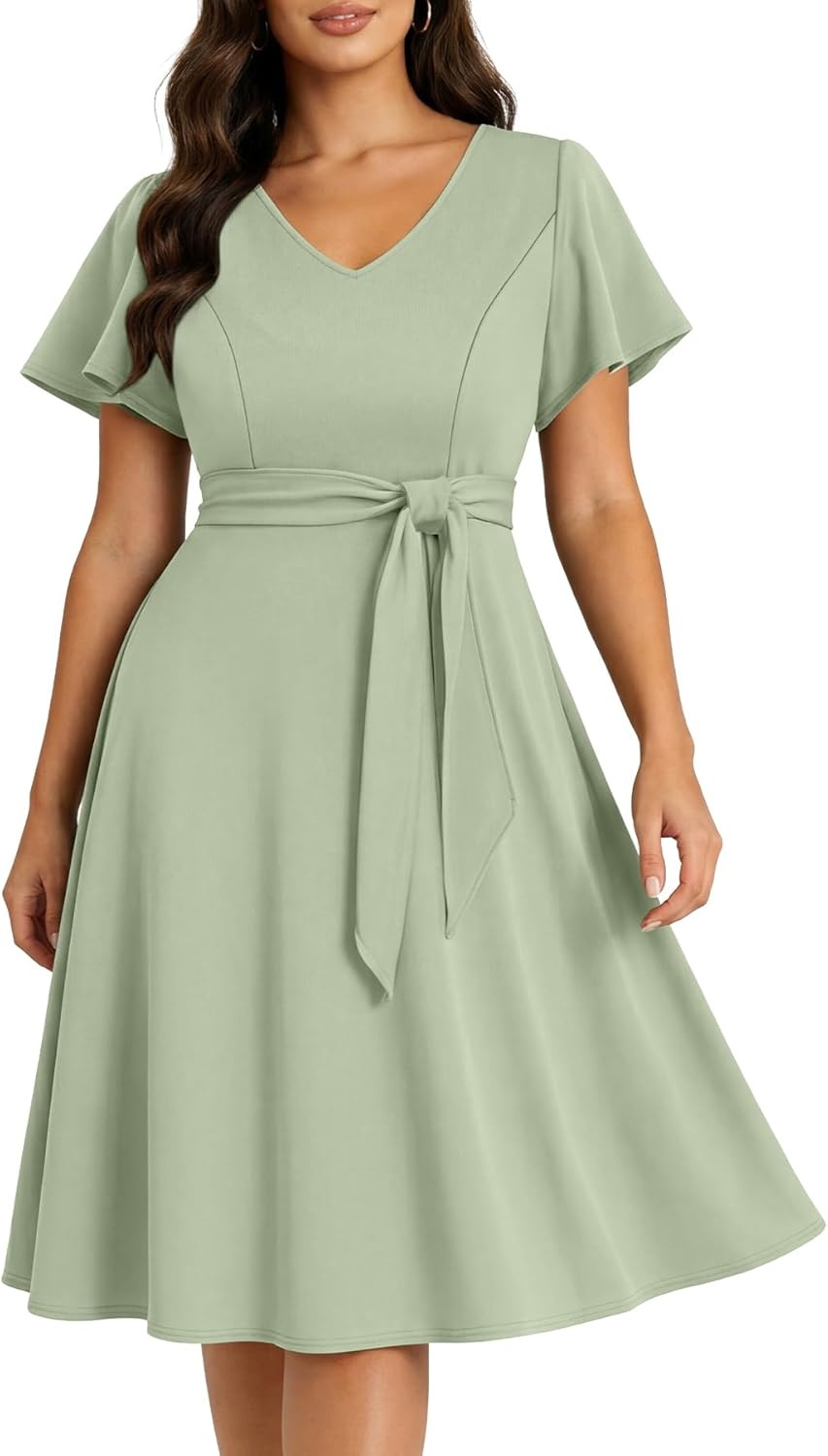 Plus Size Wedding Guest Dress – Cocktail Formal Fall Short Sleeve V Neck A-Line Midi Dresses for Women 2025(Sage Green)