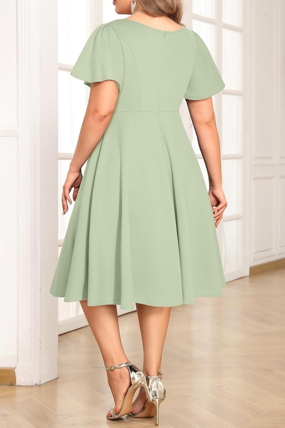 Plus Size Wedding Guest Dress – Cocktail Formal Fall Short Sleeve V Neck A-Line Midi Dresses for Women 2025(Sage Green)