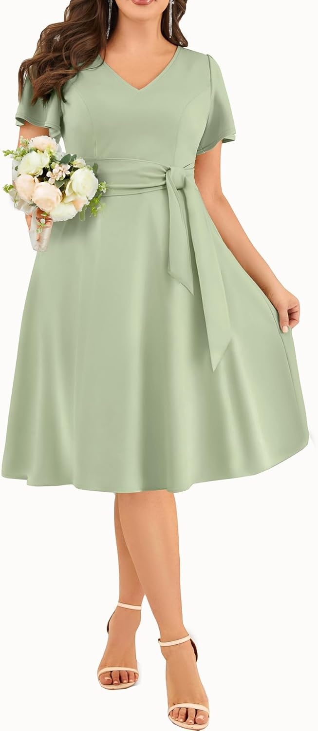 Plus Size Wedding Guest Dress – Cocktail Formal Fall Short Sleeve V Neck A-Line Midi Dresses for Women 2025(Sage Green)