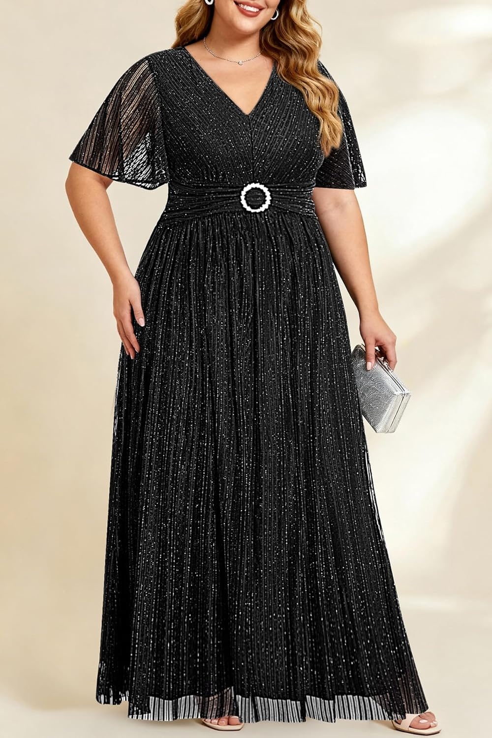 Plus Size Black Formal Dress Wedding Guest Evening Gown Elegant Party Gala Cocktail Curvy Sequin Prom Sparkly Maxi Aline