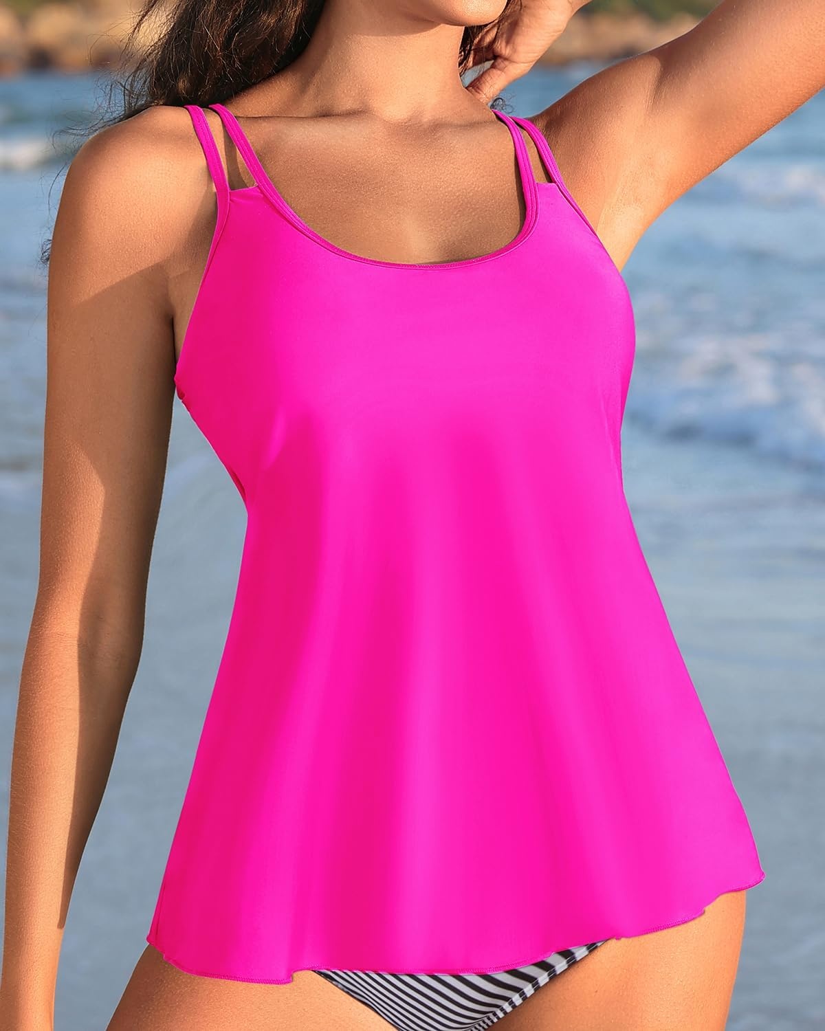 Womens Flowy Tankini Tops Only – Modest Bathing Suit Loose Fit Swimsuit Swim Tops No Bottom 2025 (Available in Plus)(Hot Pink)