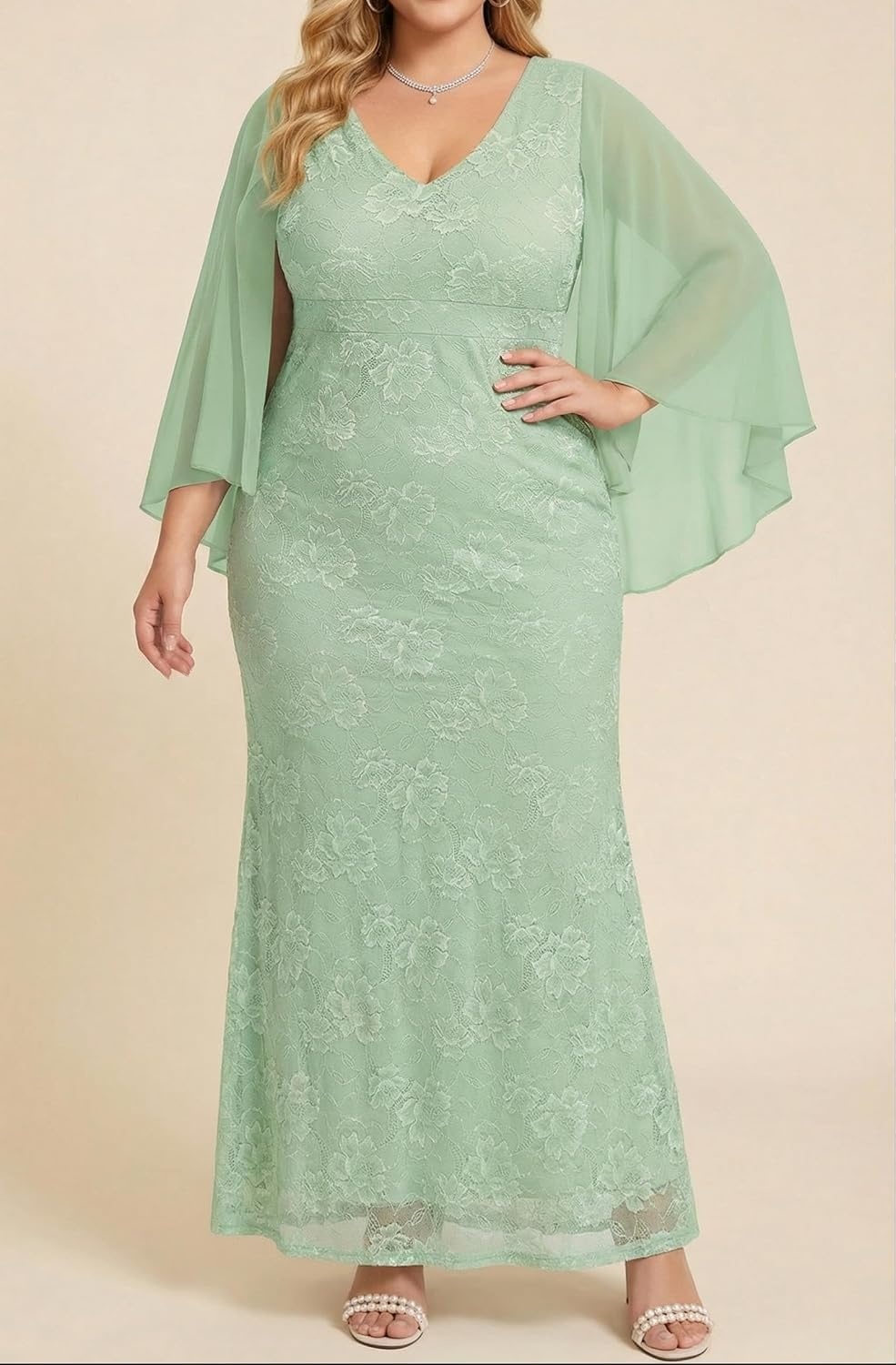 Plus Size V Neck Chiffon Cape Ruffle Sleeve Mermaid Formal Dress | V neck / chiffon capelet / ruffle sleeves / lace bodice / mermaid maxi / formal evening gown / curve flattering fit(Sage Green)