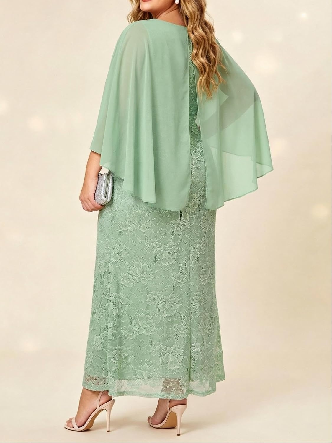 Plus Size V Neck Chiffon Cape Ruffle Sleeve Mermaid Formal Dress | V neck / chiffon capelet / ruffle sleeves / lace bodice / mermaid maxi / formal evening gown / curve flattering fit(Sage Green)