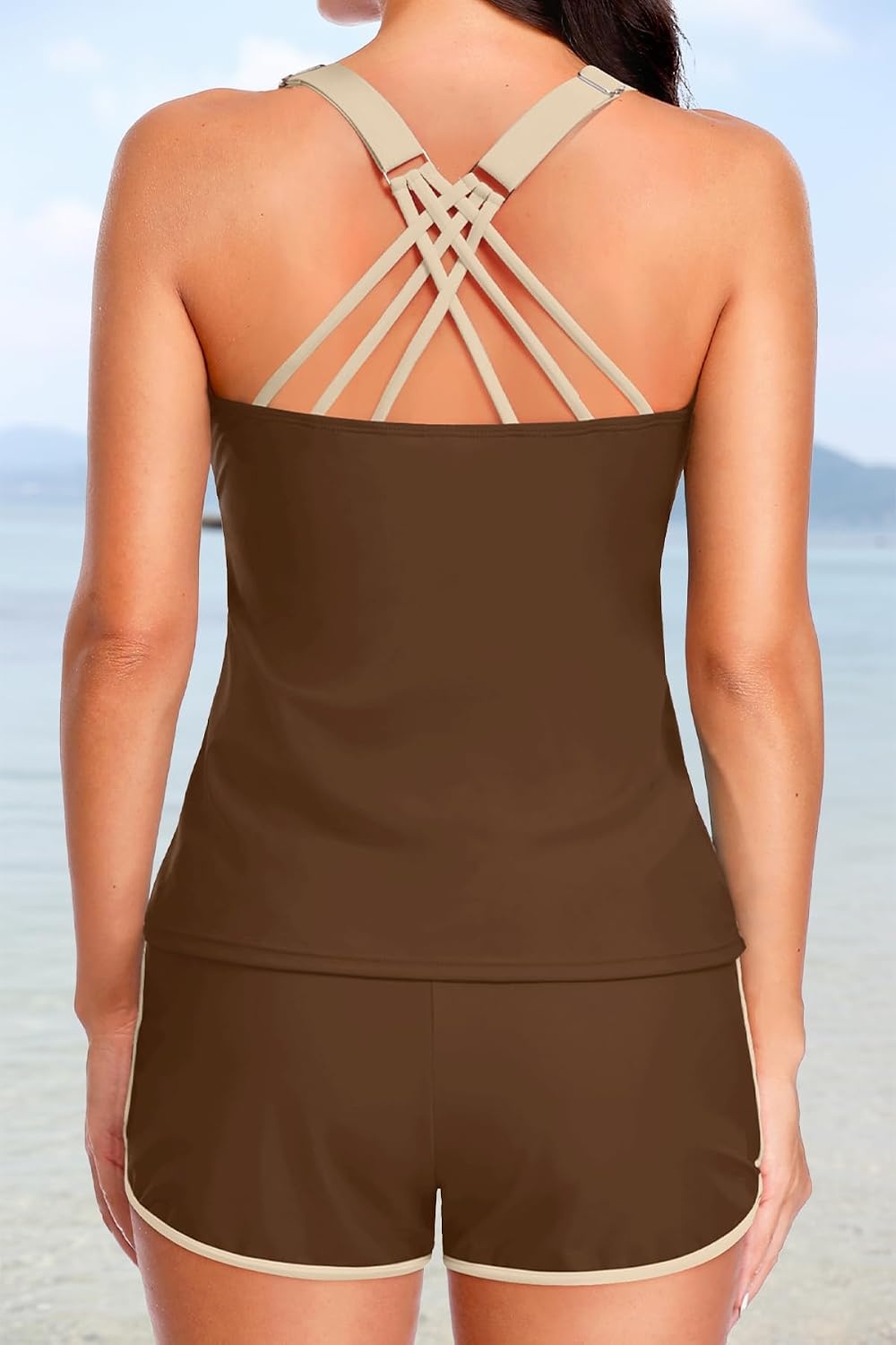 Talisea Women 2 Piece Tankini Swimsuit with Pockets Boy Shorts Modest Bathing Suit Tummy Control Tank Top(Brown and Beige)