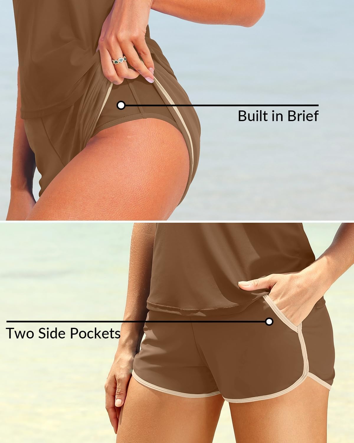 Talisea Women 2 Piece Tankini Swimsuit with Pockets Boy Shorts Modest Bathing Suit Tummy Control Tank Top(Brown and Beige)