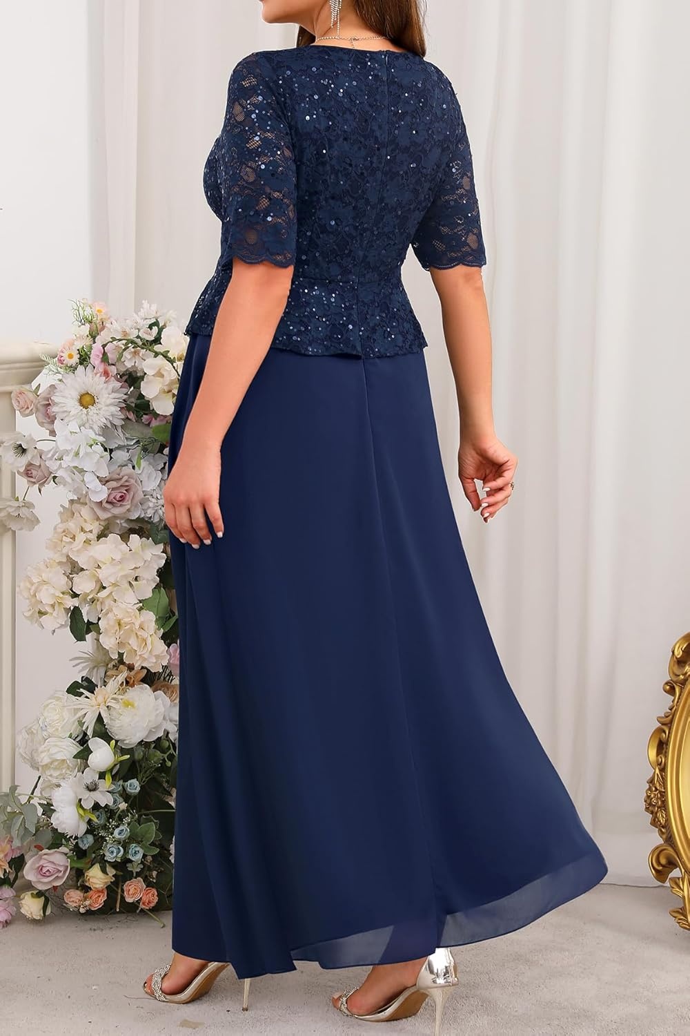 Plus Size Formal Dresses – Mother of The Bride Evening Gowns Wedding Guest Sequin Lace Bodice Long Dress Women(Navy Blue)