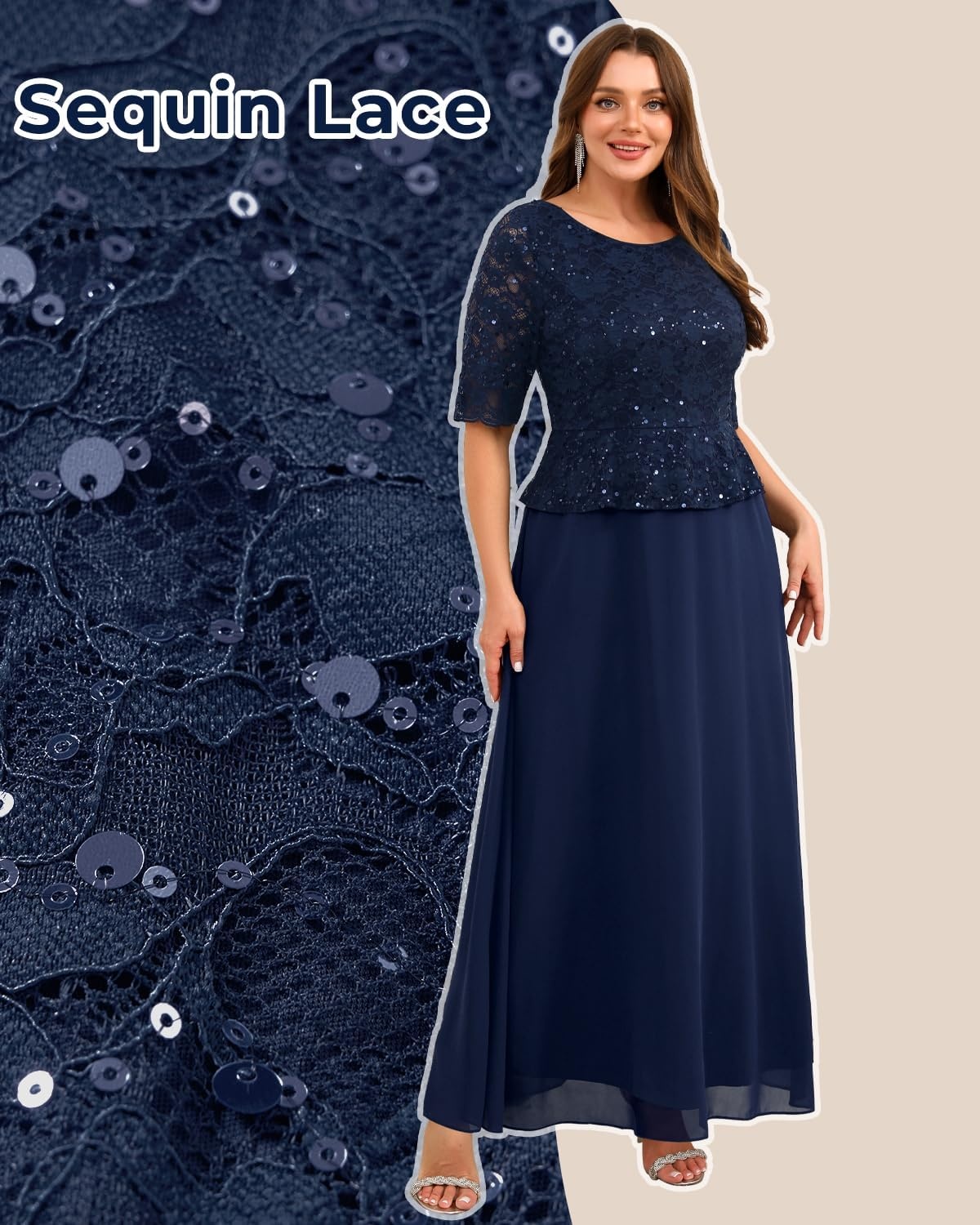 Plus Size Formal Dresses – Mother of The Bride Evening Gowns Wedding Guest Sequin Lace Bodice Long Dress Women(Navy Blue)