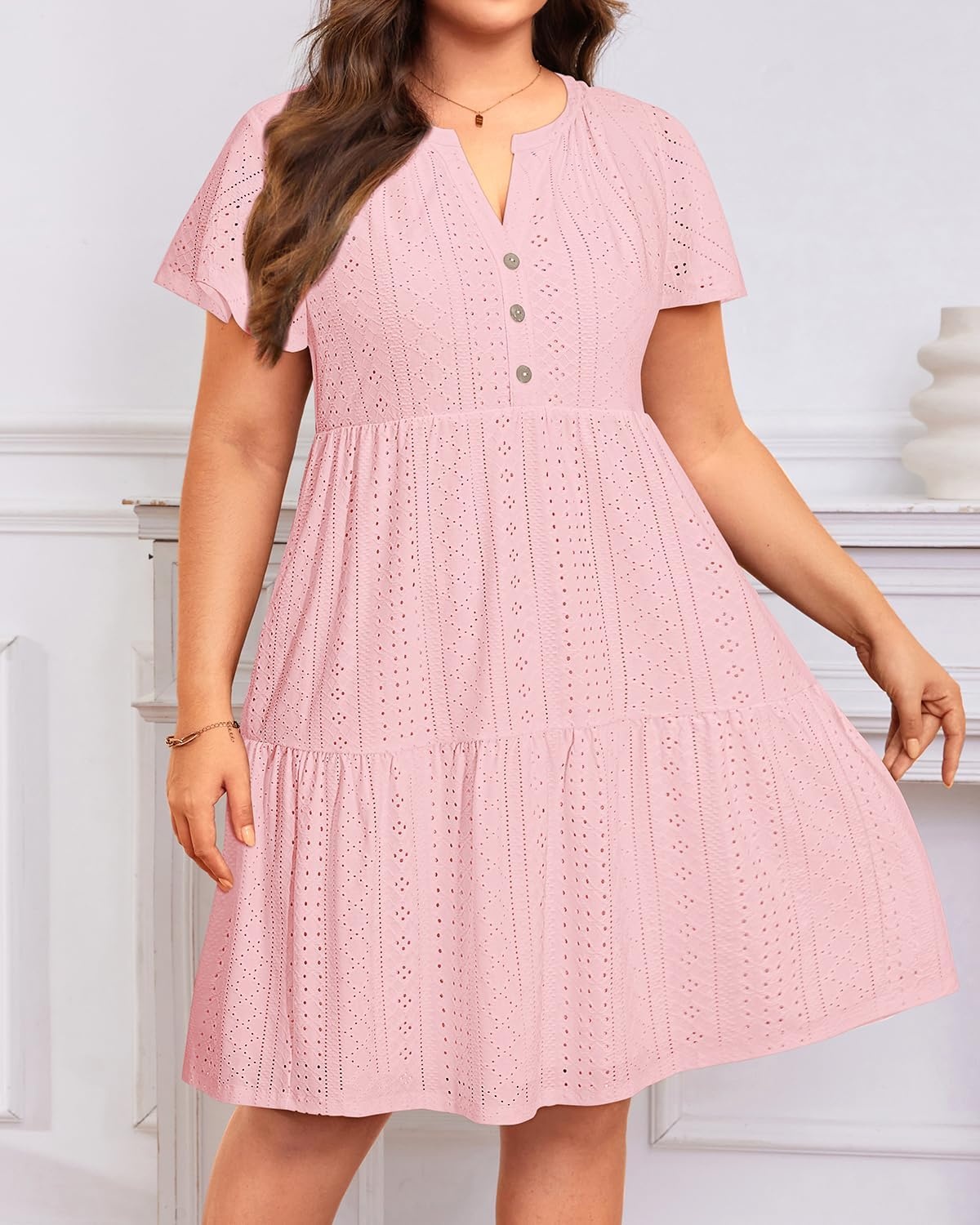 Plus Size Summer Dress Casual Boho Button Up Tiered Midi Sundress Women | Plus Size Summer Casual Dress Curvy Women Flowy Boho Beach Vacation Sundress Eyelet Short Sleeve V Neck Tiered Midi Dresses(Pink Eyelet)