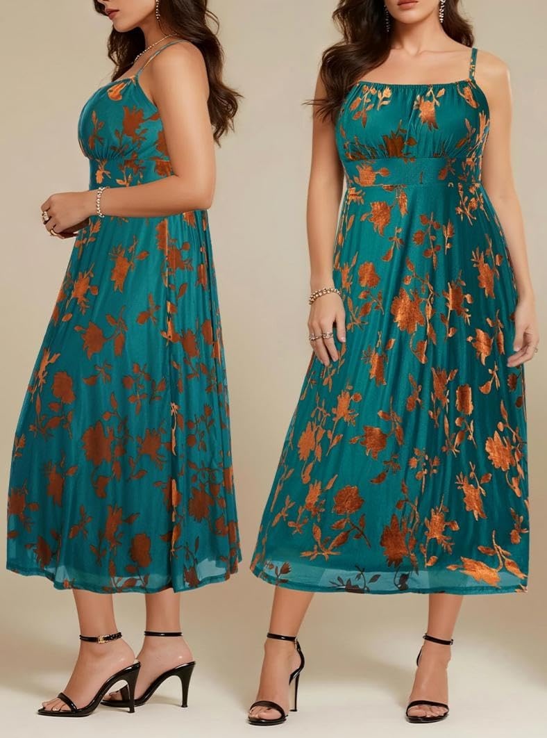 Plus Size Cocktail Dresses – Velvet Party Summer Formal Wedding Guest Sleeveless Spaghetti Strap Floral Midi Dress(Bronze +Teal Floral)