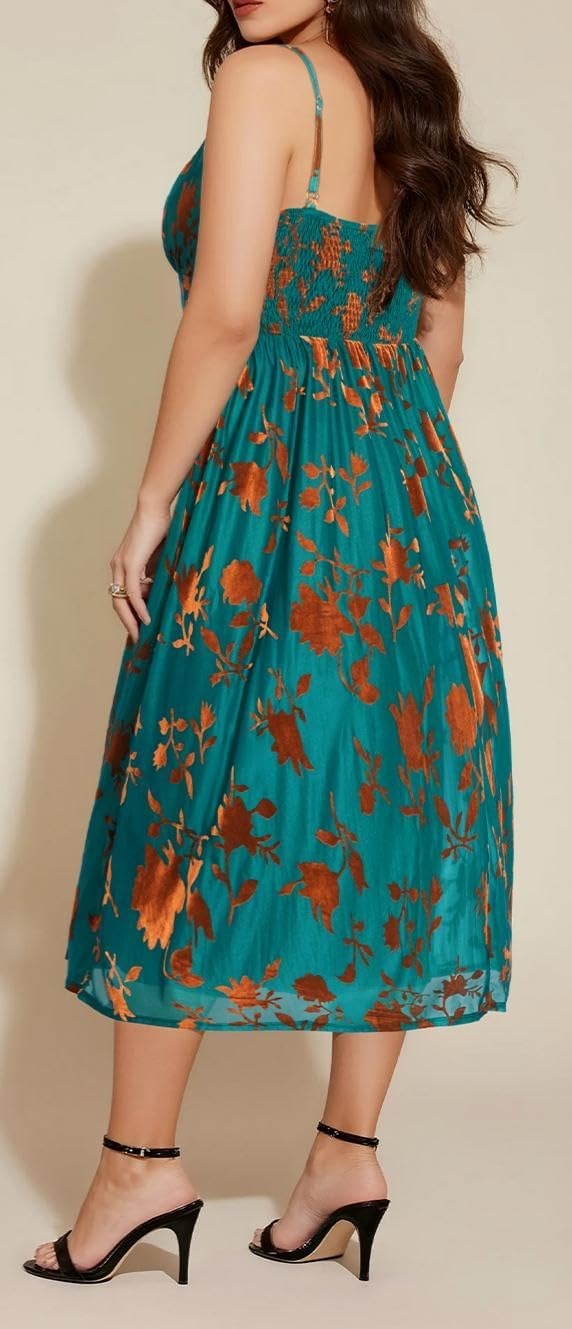 Plus Size Cocktail Dresses – Velvet Party Summer Formal Wedding Guest Sleeveless Spaghetti Strap Floral Midi Dress(Bronze +Teal Floral)