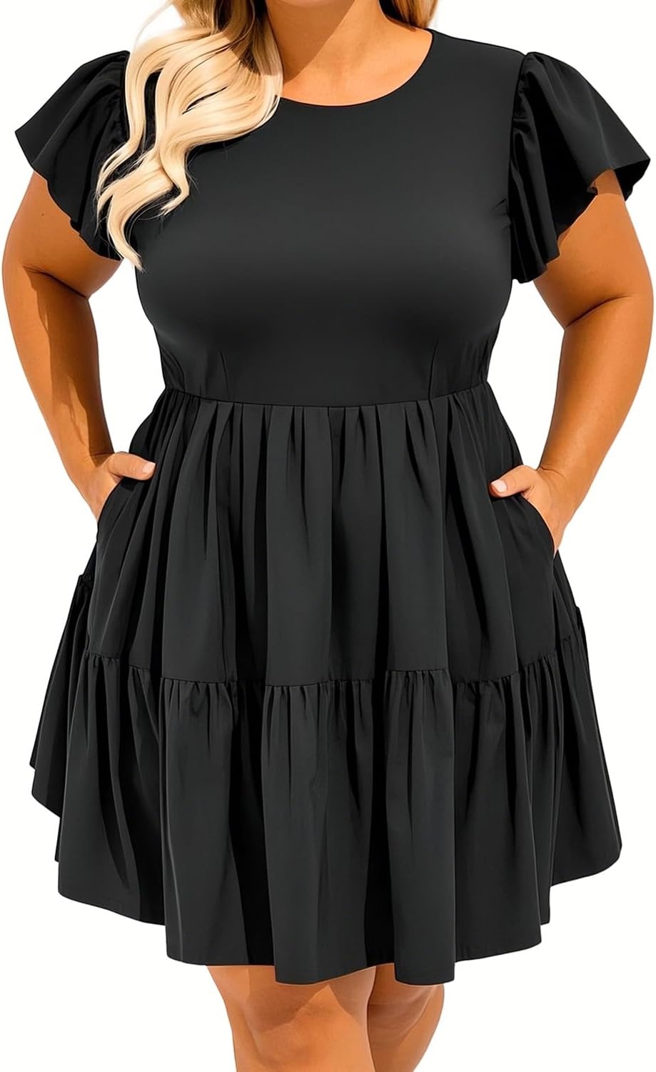 Talisea Plus Size Summer Dresses for Women Casual Short Dress | Flutter Sleeve / V neck / pockets / summer casual/ Short Babydoll(Black)