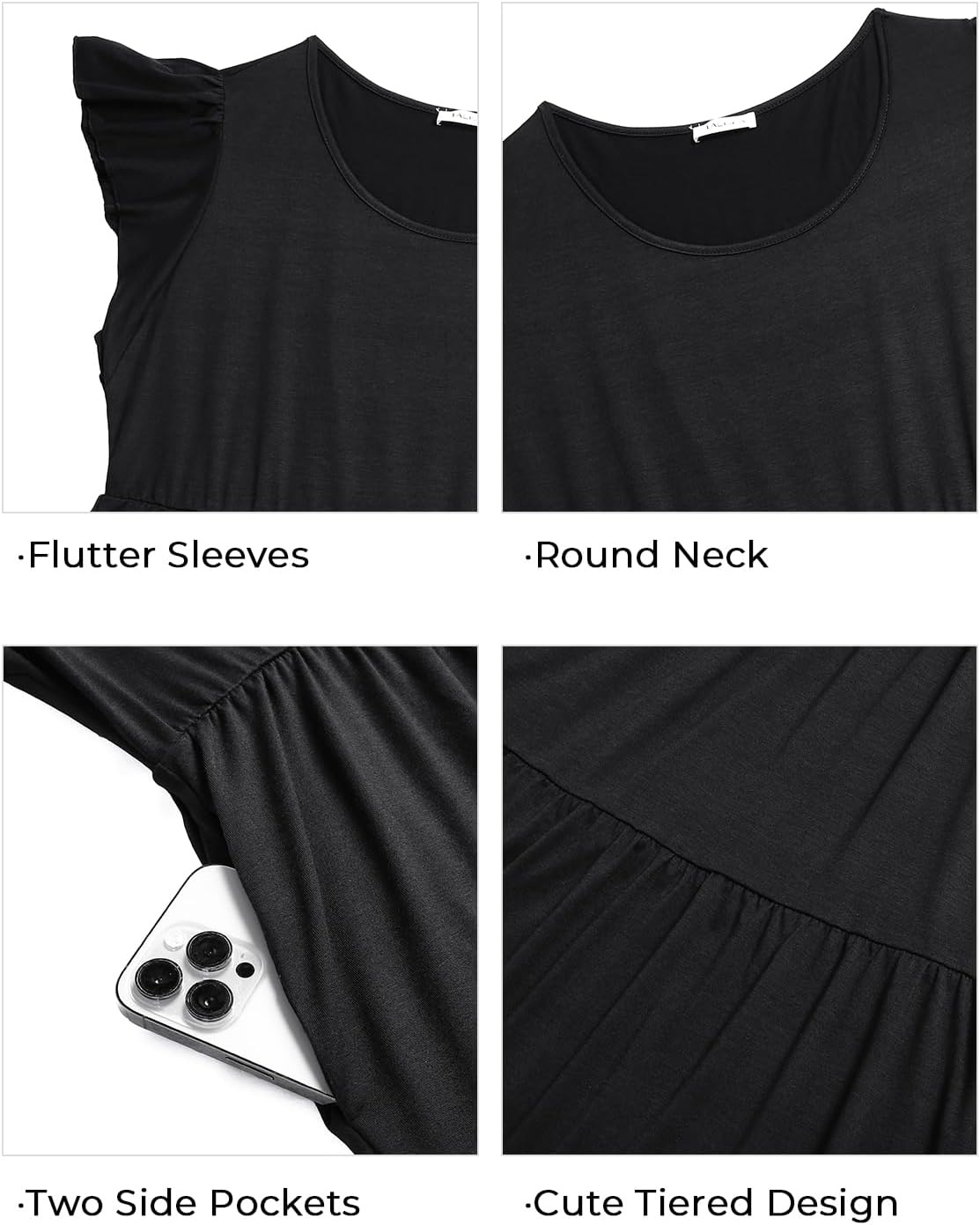Talisea Plus Size Summer Dresses for Women Casual Short Dress | Flutter Sleeve / V neck / pockets / summer casual/ Short Babydoll(Black)