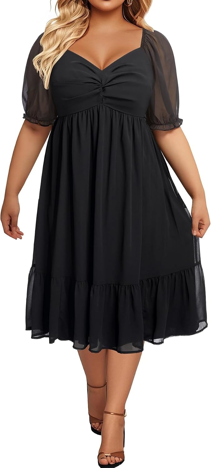 Plus Size Wedding Guest Dress Chiffon Sweetheart A Line Midi Dresses Women | Plus Size Cocktail Wedding Guest Dress Women Fall Semi Formal Dresses for Special Occasions Flowy Chiffon A Line Midi Dress(Short Sleeves-black)