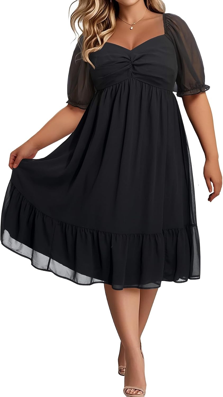 Plus Size Wedding Guest Dress Chiffon Sweetheart A Line Midi Dresses Women | Plus Size Cocktail Wedding Guest Dress Women Fall Semi Formal Dresses for Special Occasions Flowy Chiffon A Line Midi Dress(Short Sleeves-black)