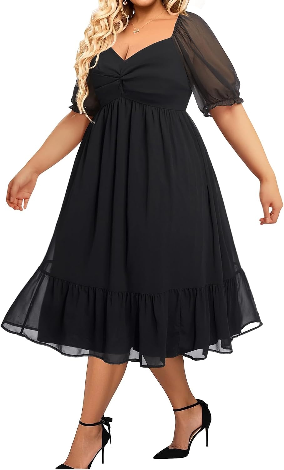 Plus Size Wedding Guest Dress Chiffon Sweetheart A Line Midi Dresses Women | Plus Size Cocktail Wedding Guest Dress Women Fall Semi Formal Dresses for Special Occasions Flowy Chiffon A Line Midi Dress(Short Sleeves-black)