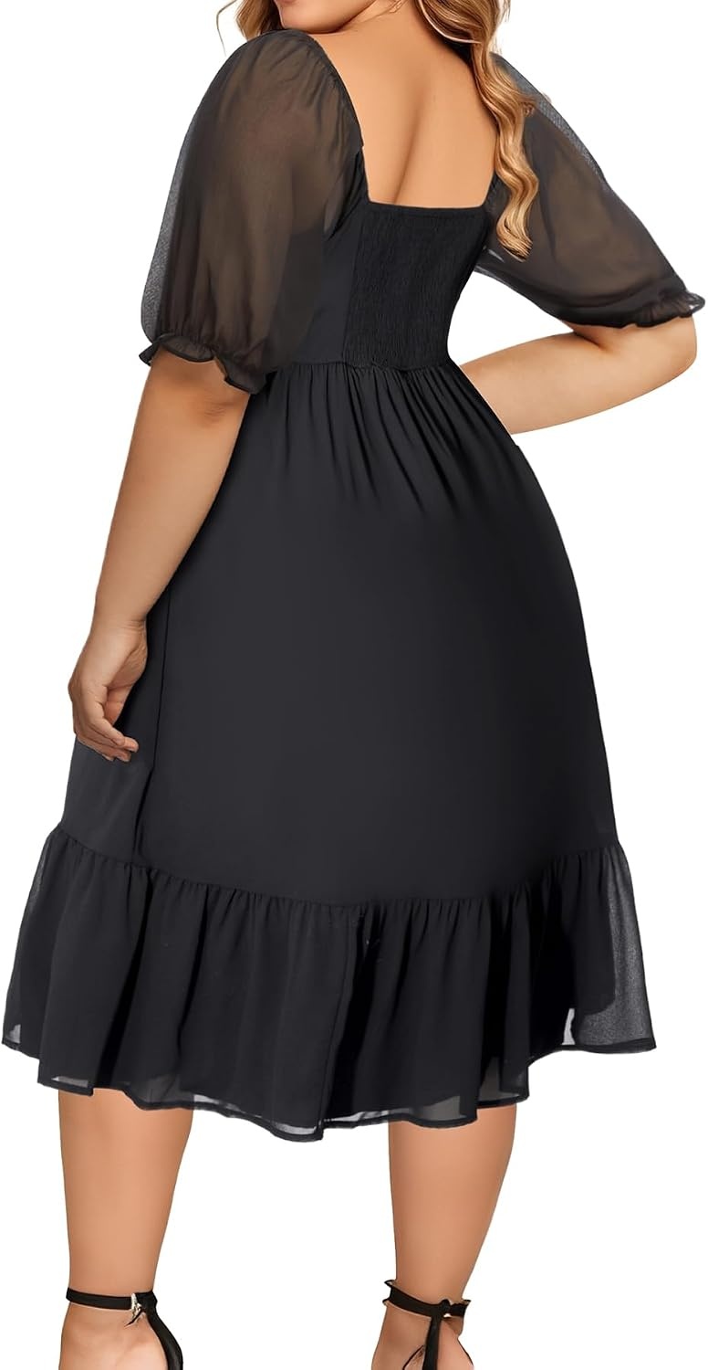 Plus Size Wedding Guest Dress Chiffon Sweetheart A Line Midi Dresses Women | Plus Size Cocktail Wedding Guest Dress Women Fall Semi Formal Dresses for Special Occasions Flowy Chiffon A Line Midi Dress(Short Sleeves-black)