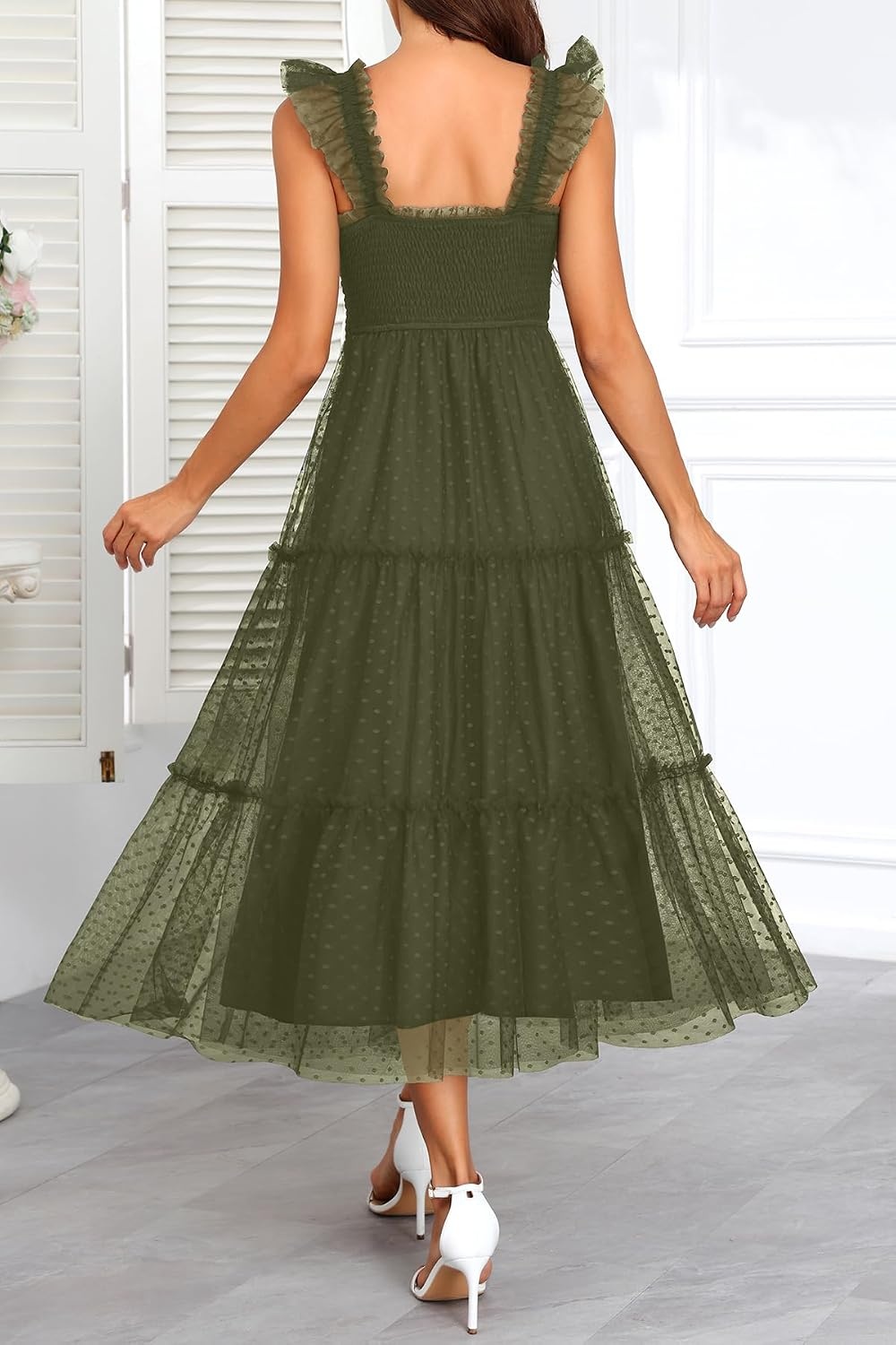 Women’s Wedding Guest Dress Dotted Tulle Smocked Summer Midi Sleeveless | Dotted tulle mesh fabric, Smocked waist design, Midi length party dress(Army Green)
