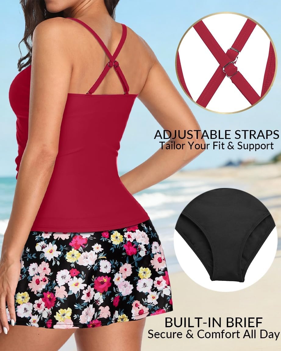Tankini Bathing Suits with Skirt Two Piece Tummy Control Twist Swimsuits | Adjustable Straps,Slimming Ruching Design,Chic Twist Front and V-Neck,Built-In Safety Brief(Red Flowers)