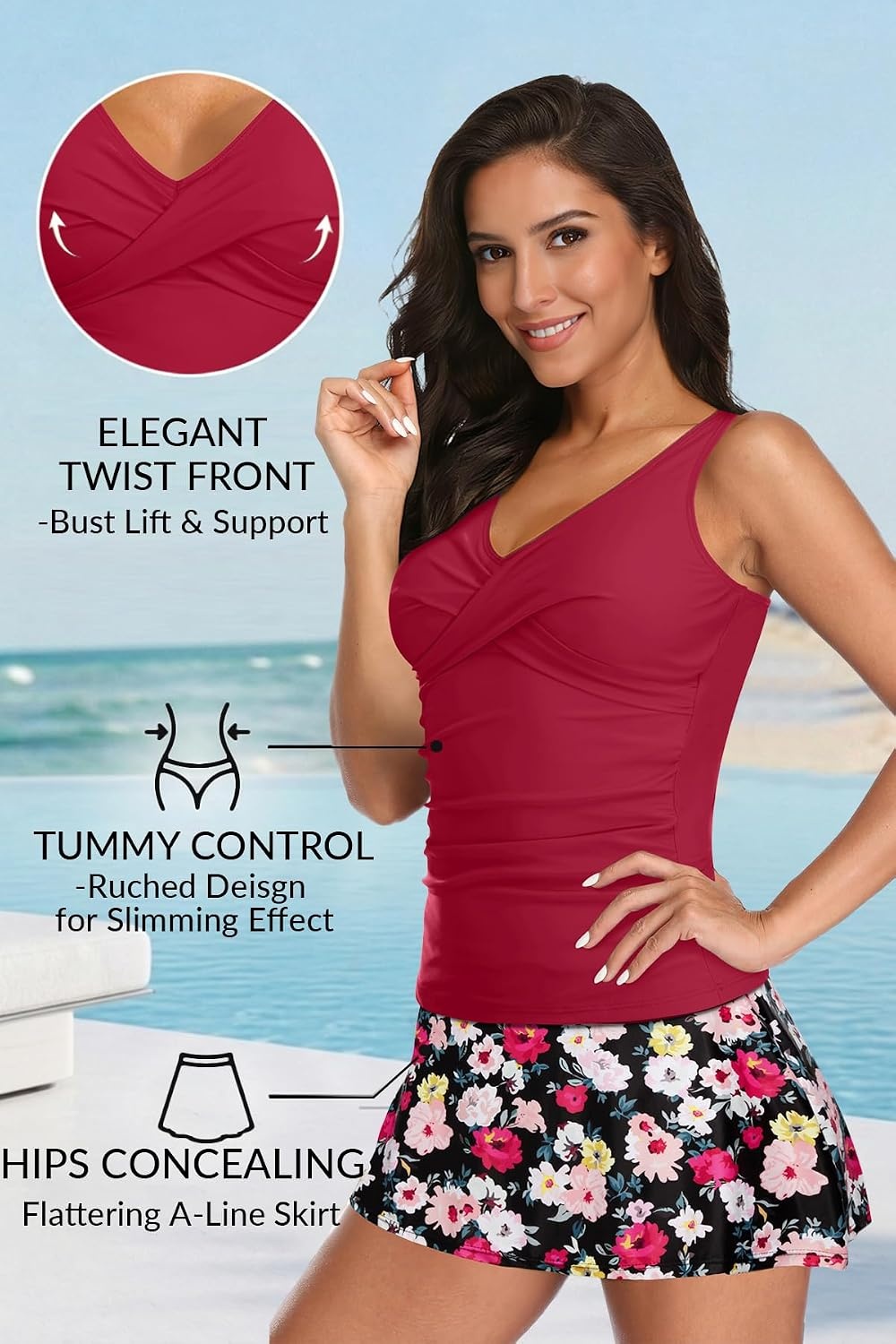 Tankini Bathing Suits with Skirt Two Piece Tummy Control Twist Swimsuits | Adjustable Straps,Slimming Ruching Design,Chic Twist Front and V-Neck,Built-In Safety Brief(Red Flowers)