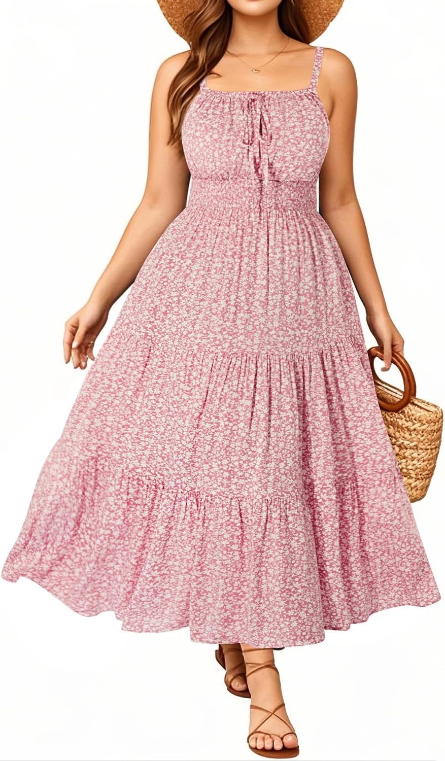 Talisea Plus Size Summer Dress – Boho Spaghetti Strap Maxi Dress Women | Casual boho long maxi sundress with pockets, adjustable spaghetti straps & flowy fit for summer beach vacation.(Pink Floral)