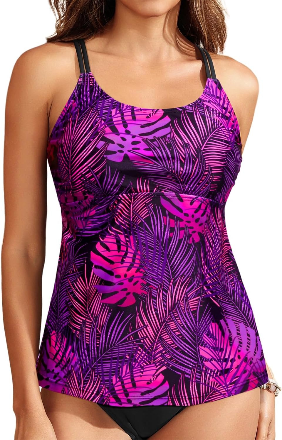 Women Underwire Tankini Top Only – Supportive Flowy Swimsuit Top | Underwire for reliable support Removable pads for customizable coverage Lightly flowy for easy coverage(Purple Leaf)