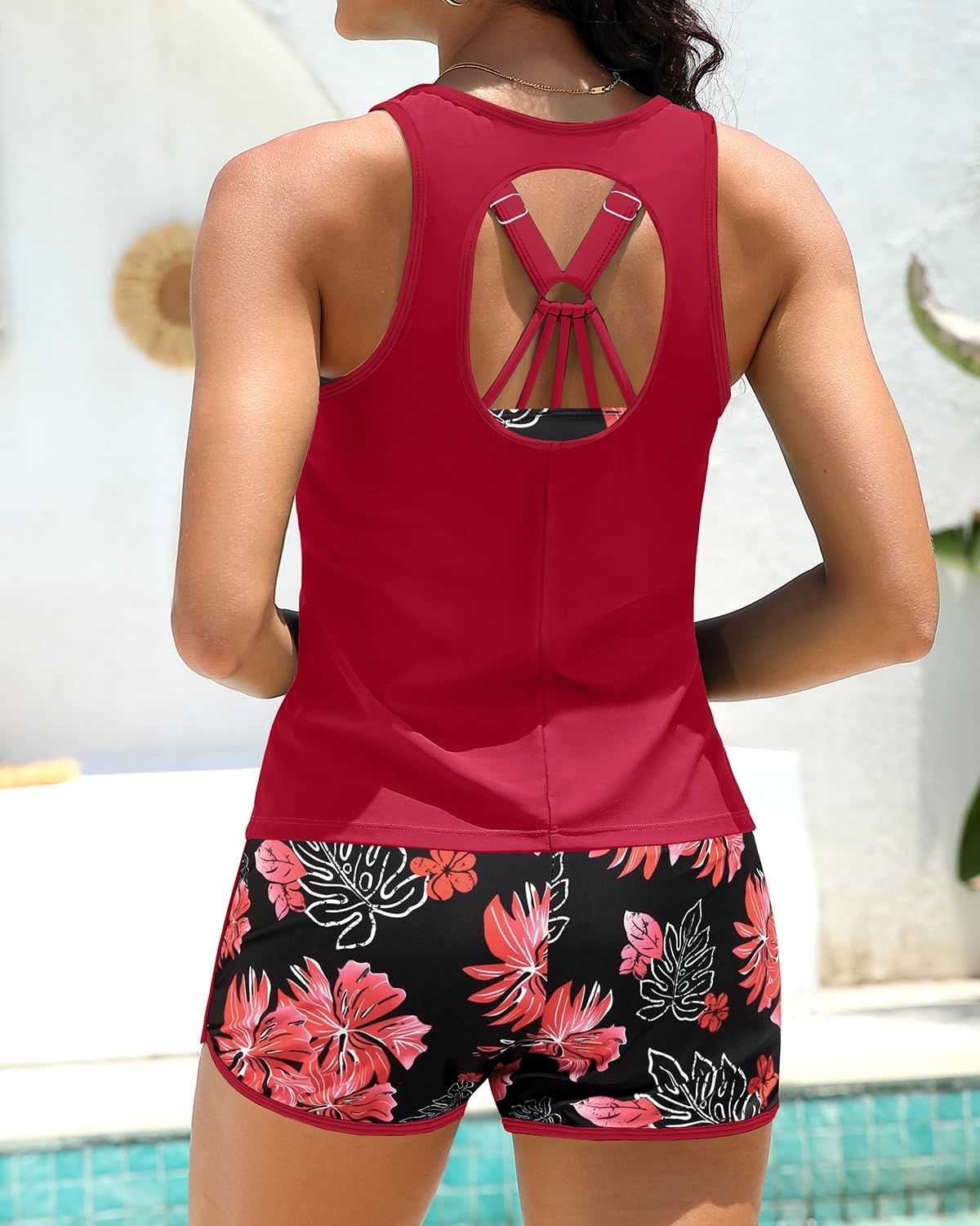 Talisea 3 Piece Tankini with Shorts – Modest Swimsuit Tummy Control Bathing Suits Athletic Sports Swimwear with Pockets(Red Floral)