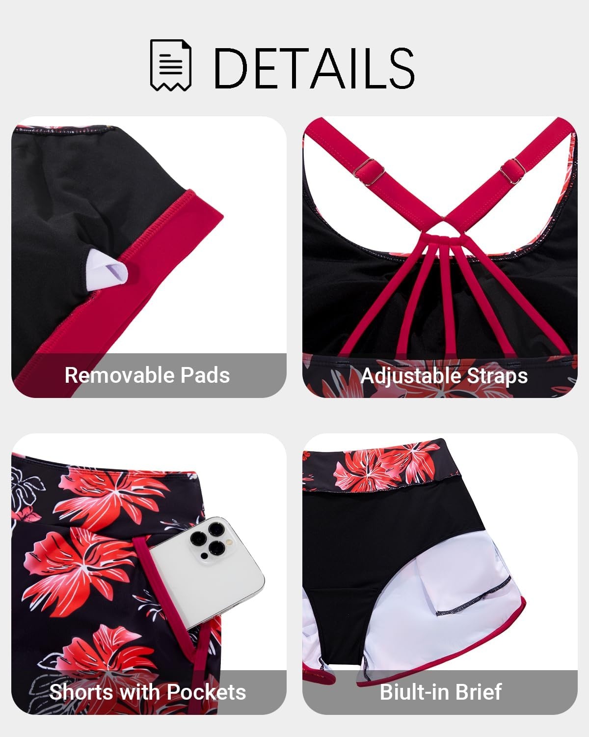 Talisea 3 Piece Tankini with Shorts – Modest Swimsuit Tummy Control Bathing Suits Athletic Sports Swimwear with Pockets(Red Floral)