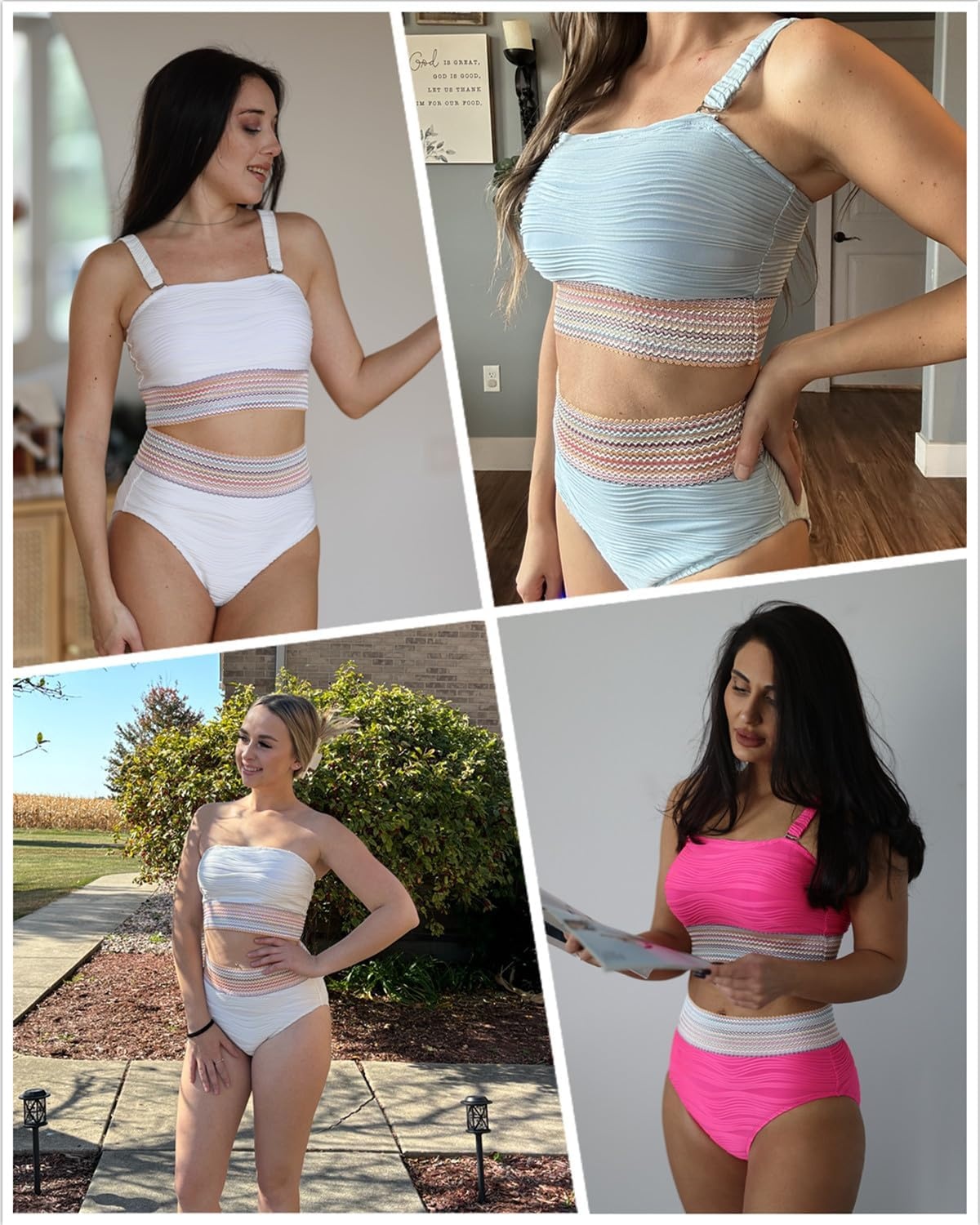 High Waisted Bandeau Bikini Set – Women Strapless Two Piece Swimsuits Ribbed Longline Full Coverage Bathing Suits Swimwear(White)