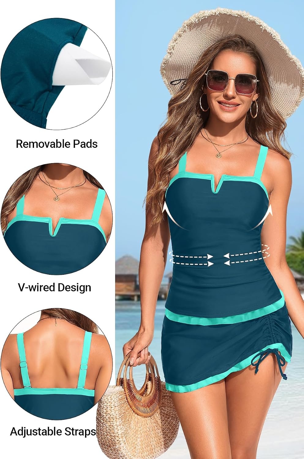 Talisea Tankini with Skirt – Tummy Control V-Wire Swimsuit with Drawstring(Teal and Green)