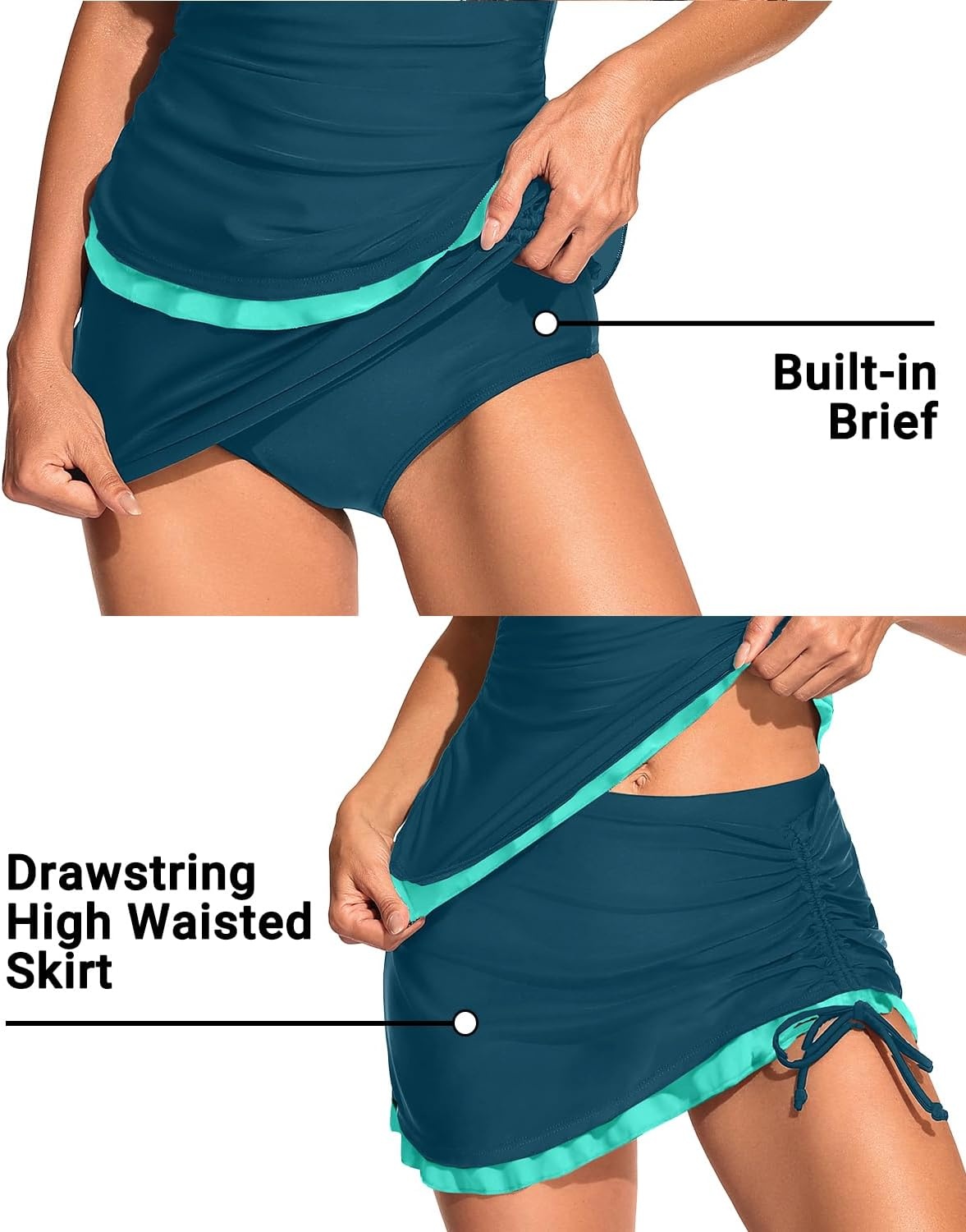 Talisea Tankini with Skirt – Tummy Control V-Wire Swimsuit with Drawstring(Teal and Green)
