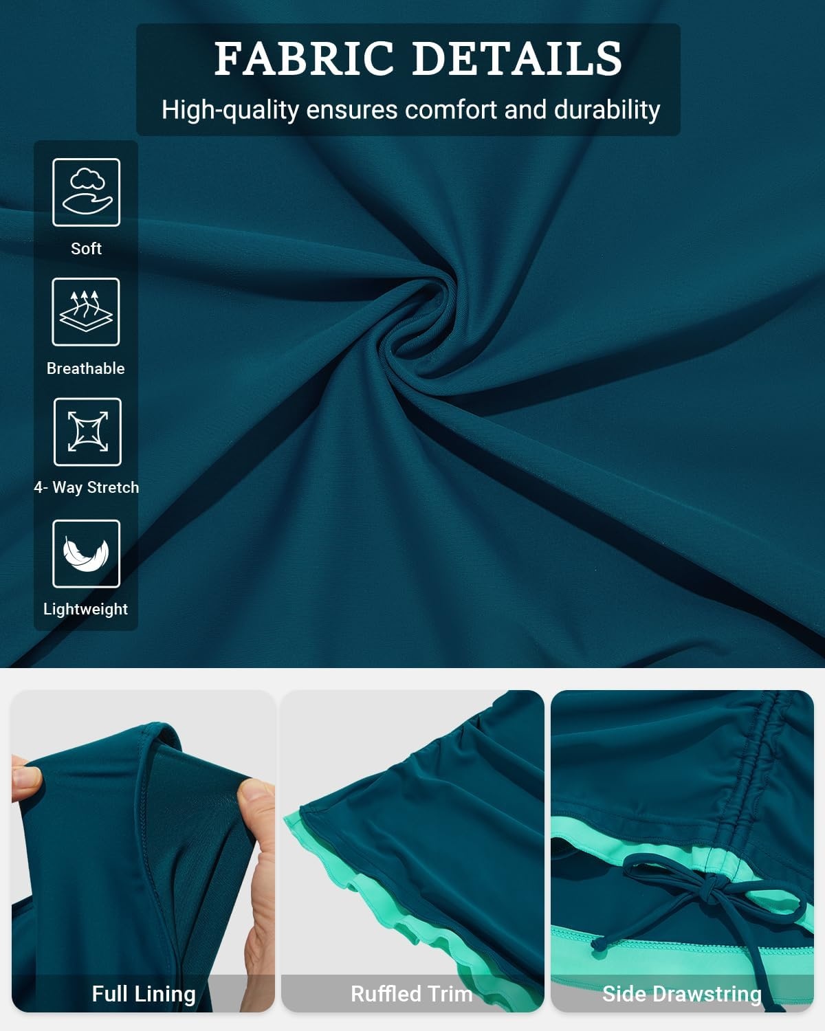 Talisea Tankini with Skirt – Tummy Control V-Wire Swimsuit with Drawstring(Teal and Green)