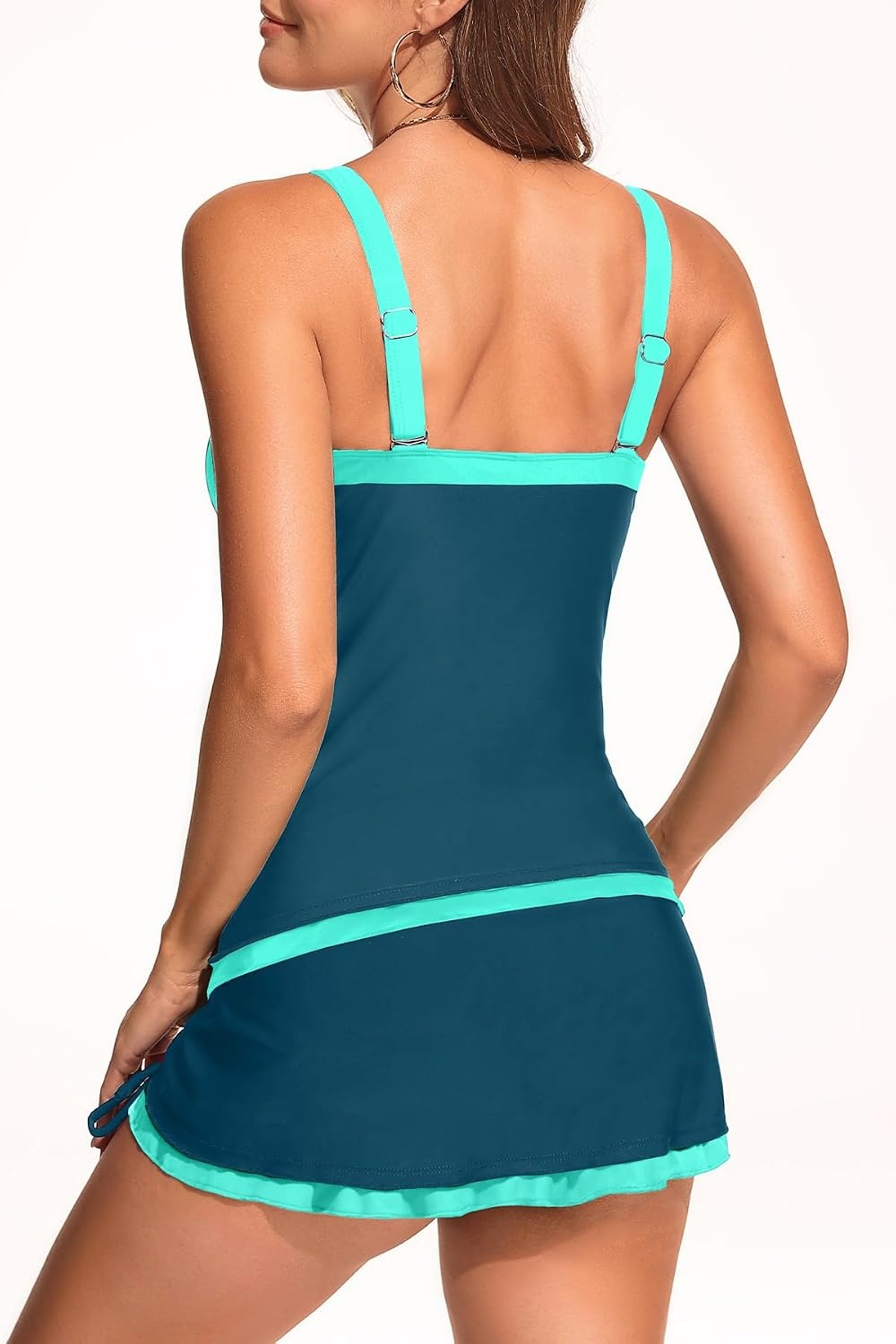 Talisea Tankini with Skirt – Tummy Control V-Wire Swimsuit with Drawstring(Teal and Green)