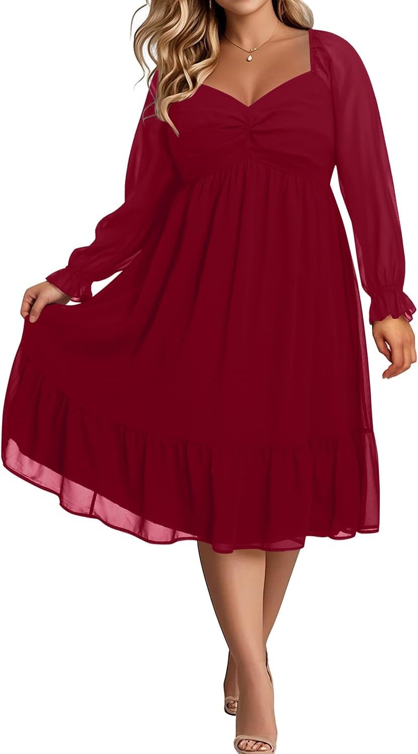 Plus Size Wedding Guest Dress Chiffon Sweetheart A Line Midi Dresses Women | Plus Size Cocktail Wedding Guest Dress Women Fall Semi Formal Dresses for Special Occasions Flowy Chiffon A Line Midi Dress(Burgundy)