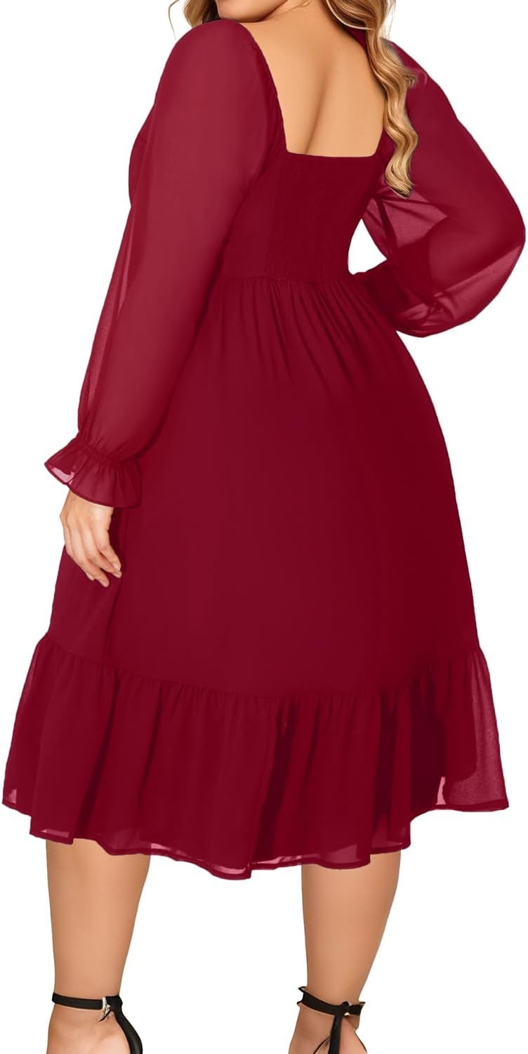 Plus Size Wedding Guest Dress Chiffon Sweetheart A Line Midi Dresses Women | Plus Size Cocktail Wedding Guest Dress Women Fall Semi Formal Dresses for Special Occasions Flowy Chiffon A Line Midi Dress(Burgundy)