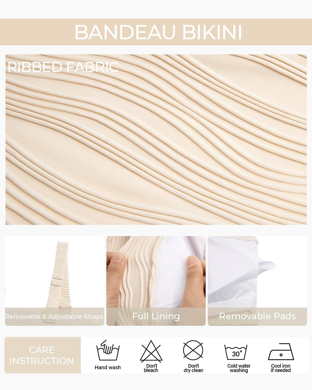 High Waisted Bandeau Bikini Set – Ribbed Strapless Two Piece Swimsuit | Secure bandeau top with straps. High waist bottom for comfortable coverage. Full coverage back for confident wear.(Beige)