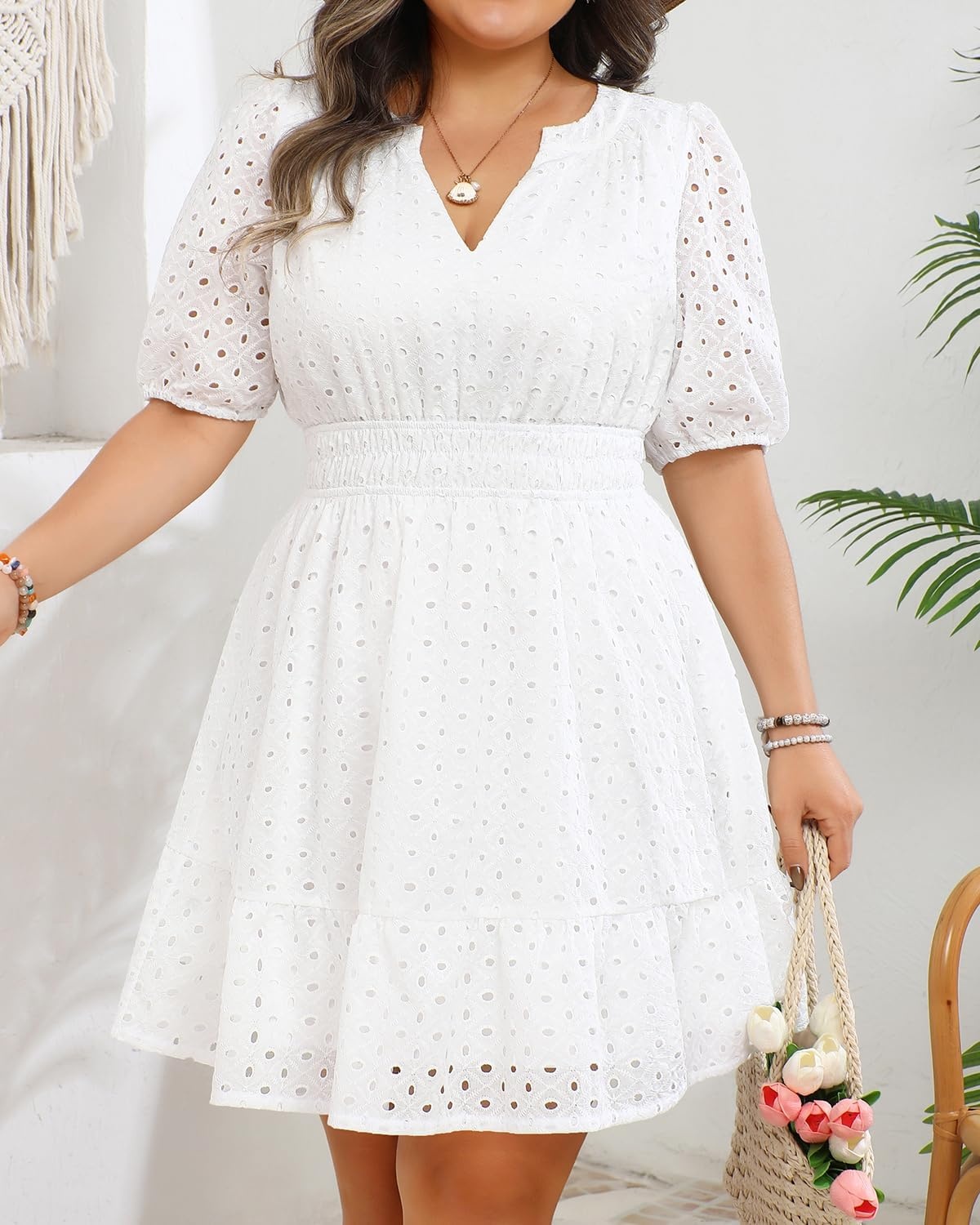 Womens Plus Size Summer Dresses – Hollow Out Eyelet Lace Ruffle Aline Short Graduation Dress for Beach Vacation Party(White)