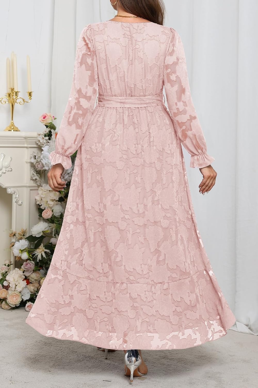 Plus Size Dresses Wedding Guest Fall Floral Long Sleeve Maxi Dress Women(Pink)