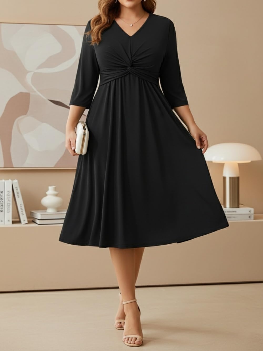 Talisea Plus Size Dress for Women Twist Knot V Neck 3/4 Sleeves A Line Wedding Guest Midi Dresses(Black)