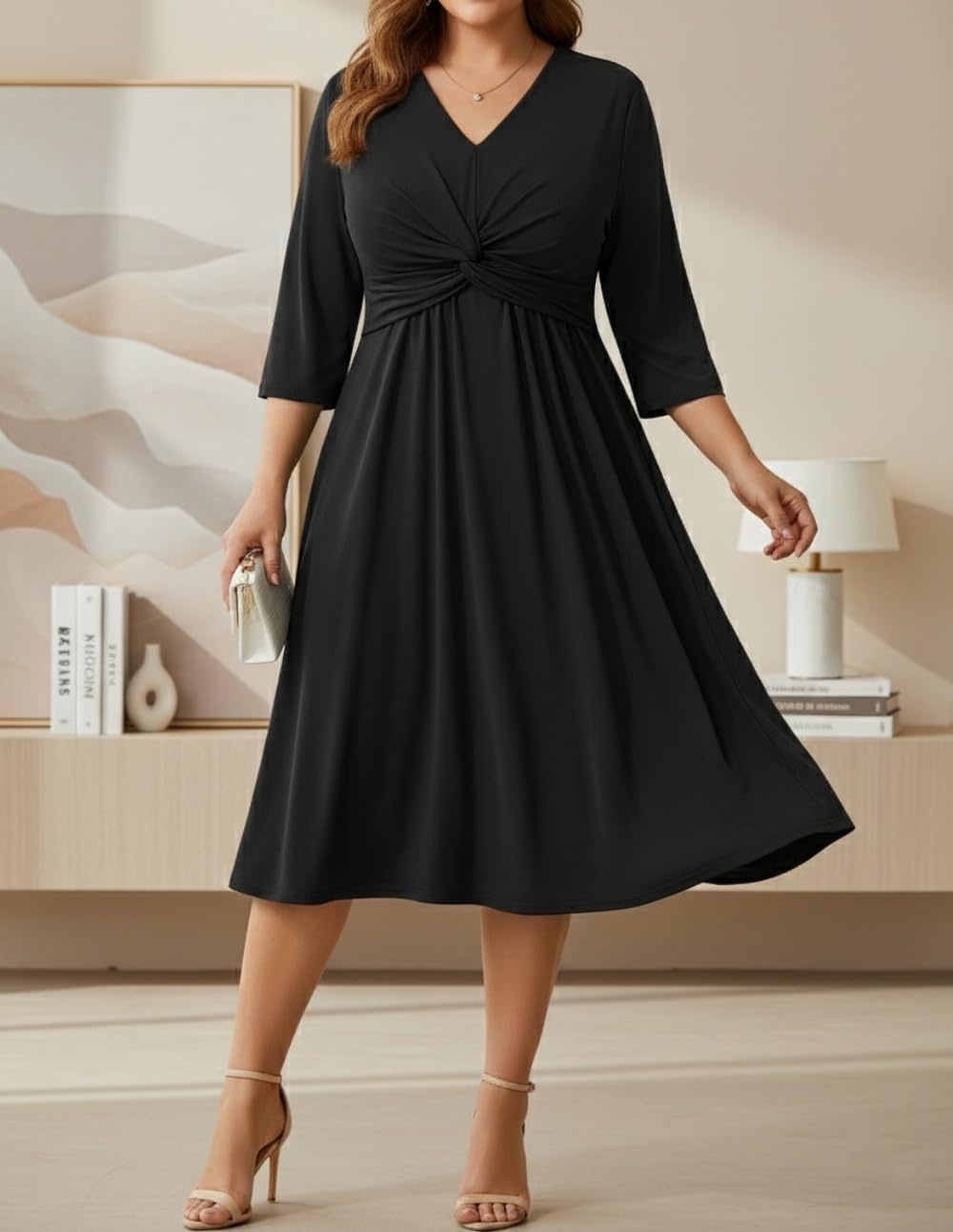 Talisea Plus Size Dress for Women Twist Knot V Neck 3/4 Sleeves A Line Wedding Guest Midi Dresses(Black)