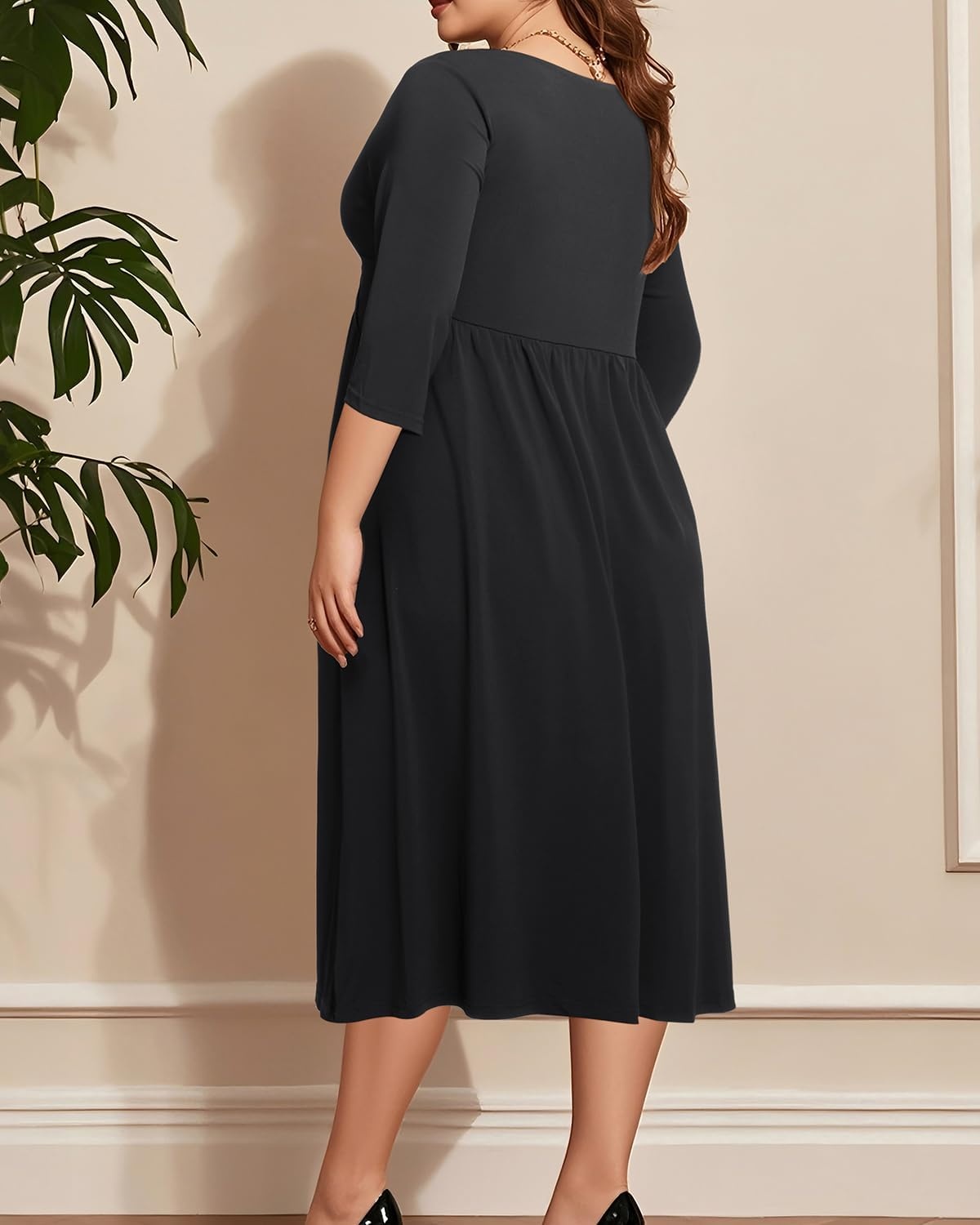 Talisea Plus Size Dress for Women Twist Knot V Neck 3/4 Sleeves A Line Wedding Guest Midi Dresses(Black)